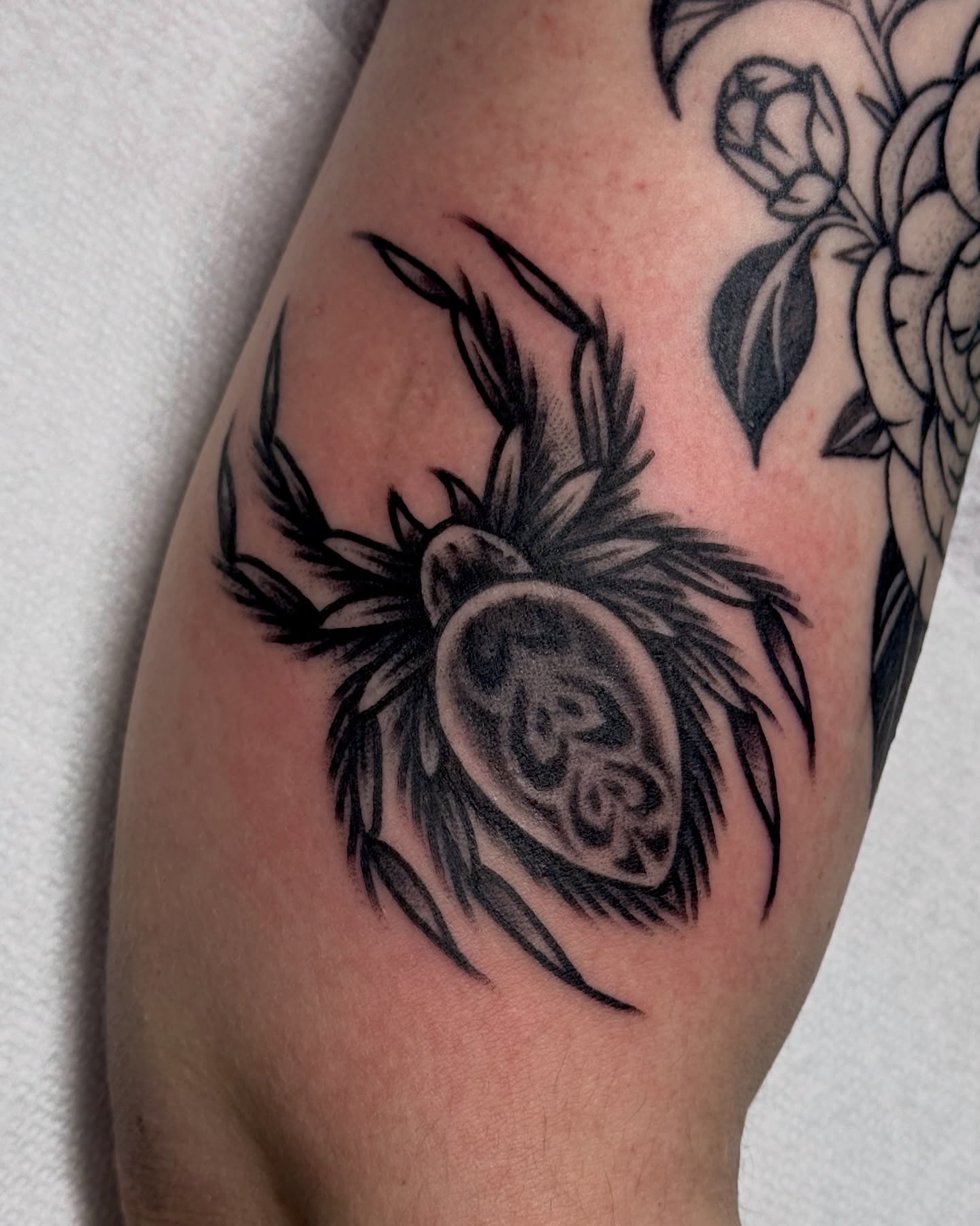 Spider black and grey tattoo on the forearm by Bre Grover, Vancouver, British Columbia