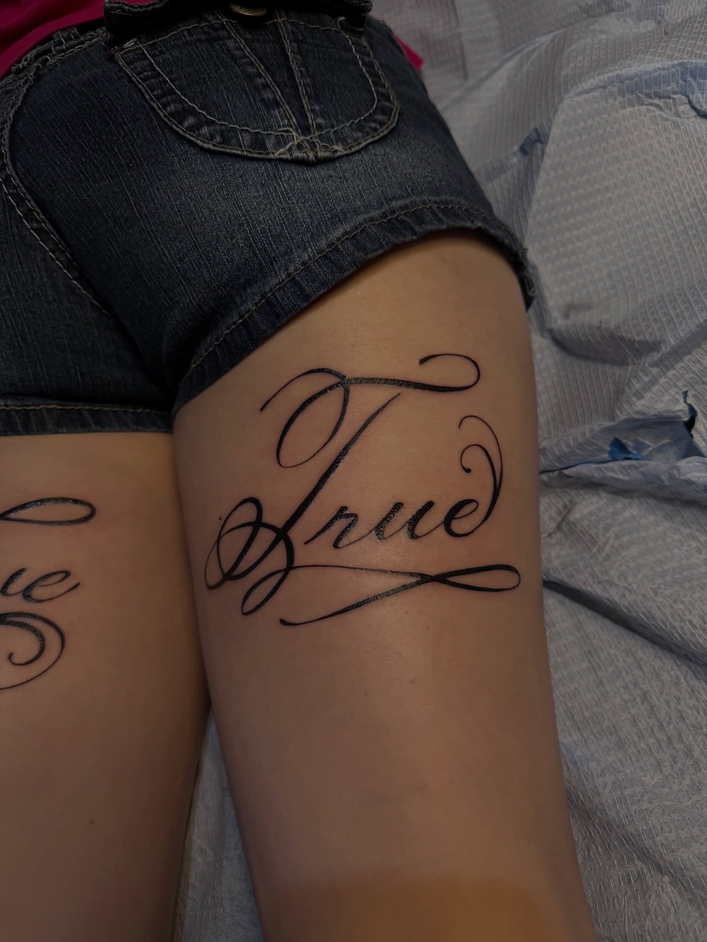 Script lettering lettering script tattoo on the thigh by ✧˖° mitch ✧˖°
