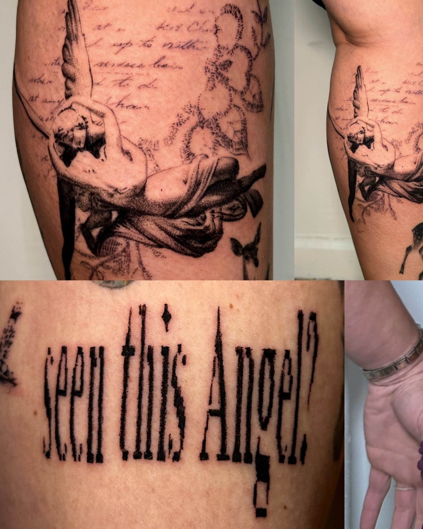 Angelic figure realism tattoo on the upper arm by kale