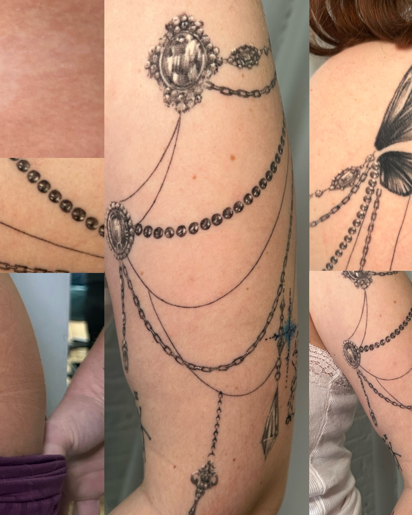Necklace and pendant black and grey tattoo on the forearm by kale