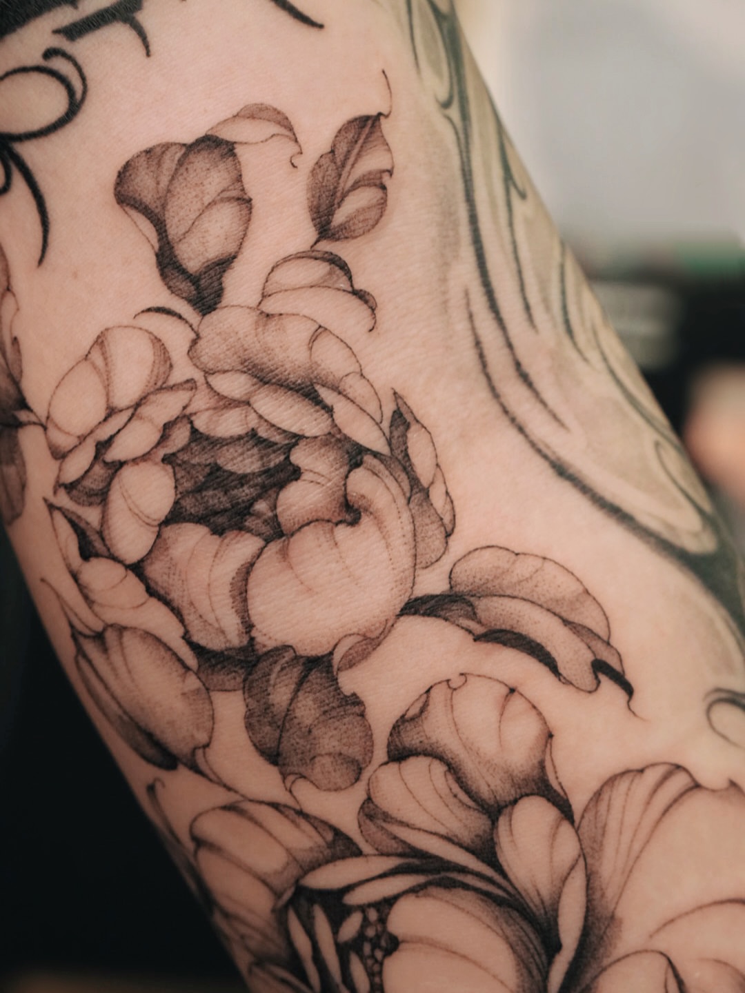 Peony black and grey tattoo on the forearm by 𝕁𝕖𝕞, Richmond, British Columbia