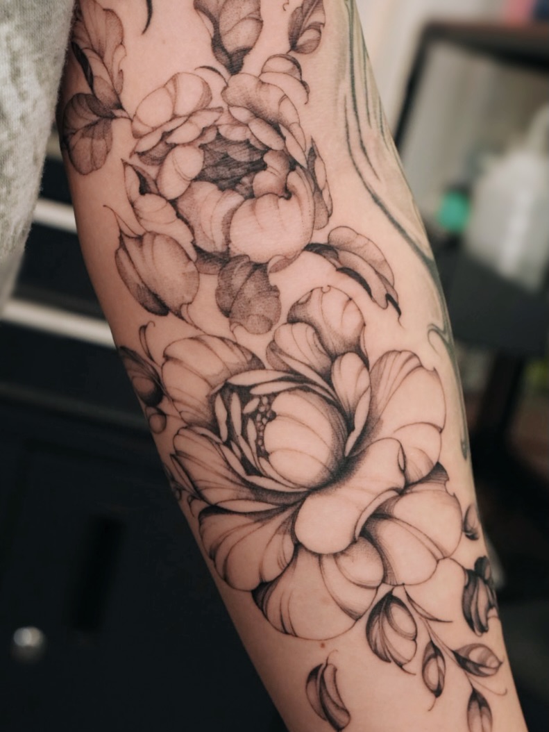 Peony flowers black and grey tattoo on the forearm by 𝕁𝕖𝕞, Richmond, British Columbia