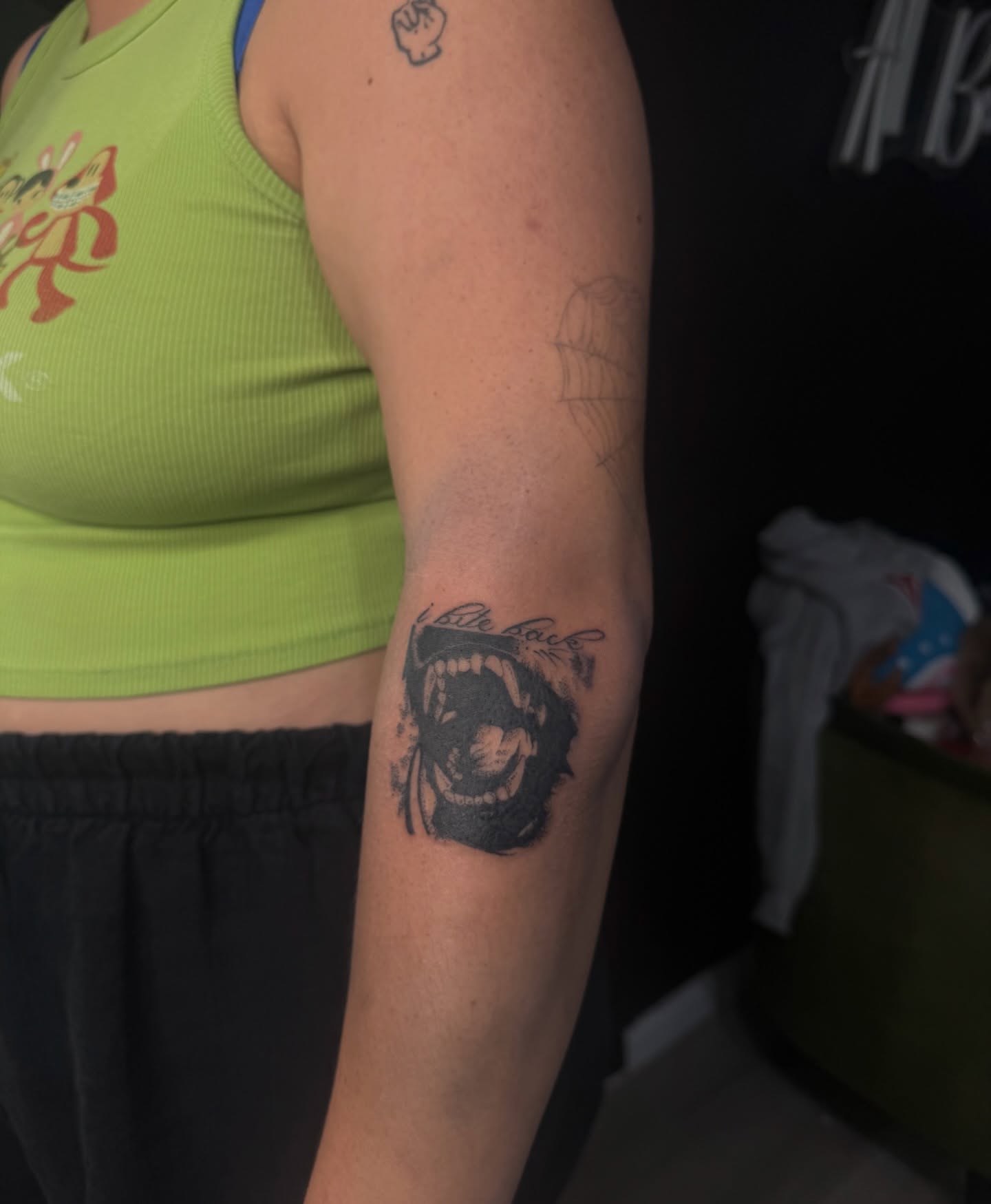 Angry mouth black and grey tattoo on the forearm by dewduls :), Berkeley, California