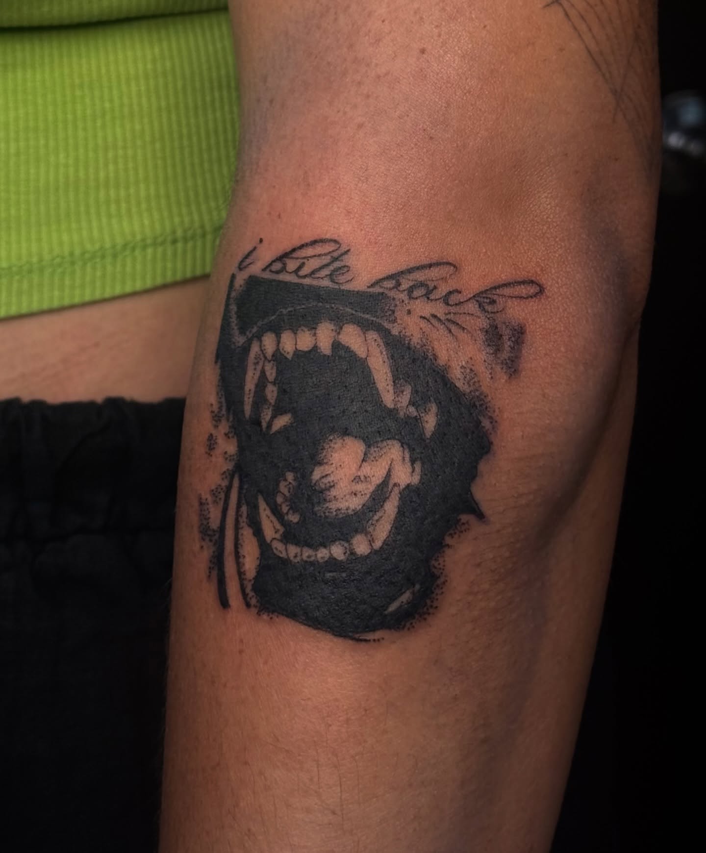 Angry mouth black and grey tattoo on the forearm by dewduls :), Berkeley, California