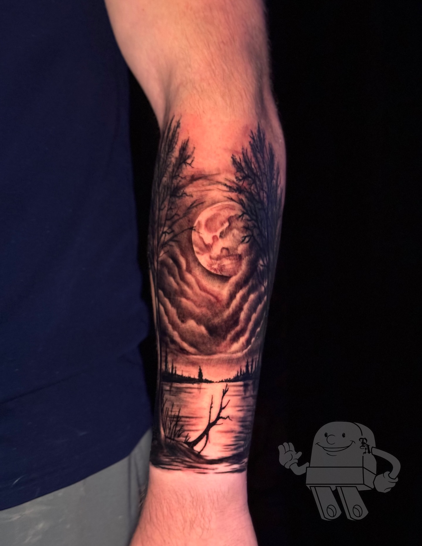 Stormy night landscape realism tattoo on the forearm by North County Sd