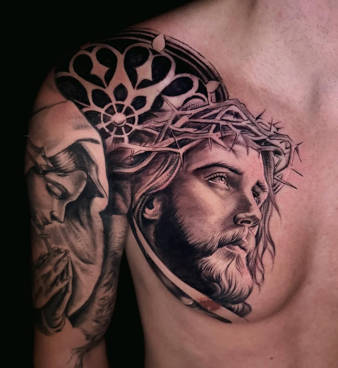 Jesus Christ and praying figure Chicano tattoo on the chest by ☆ LULU ☆ Licence No. 108595