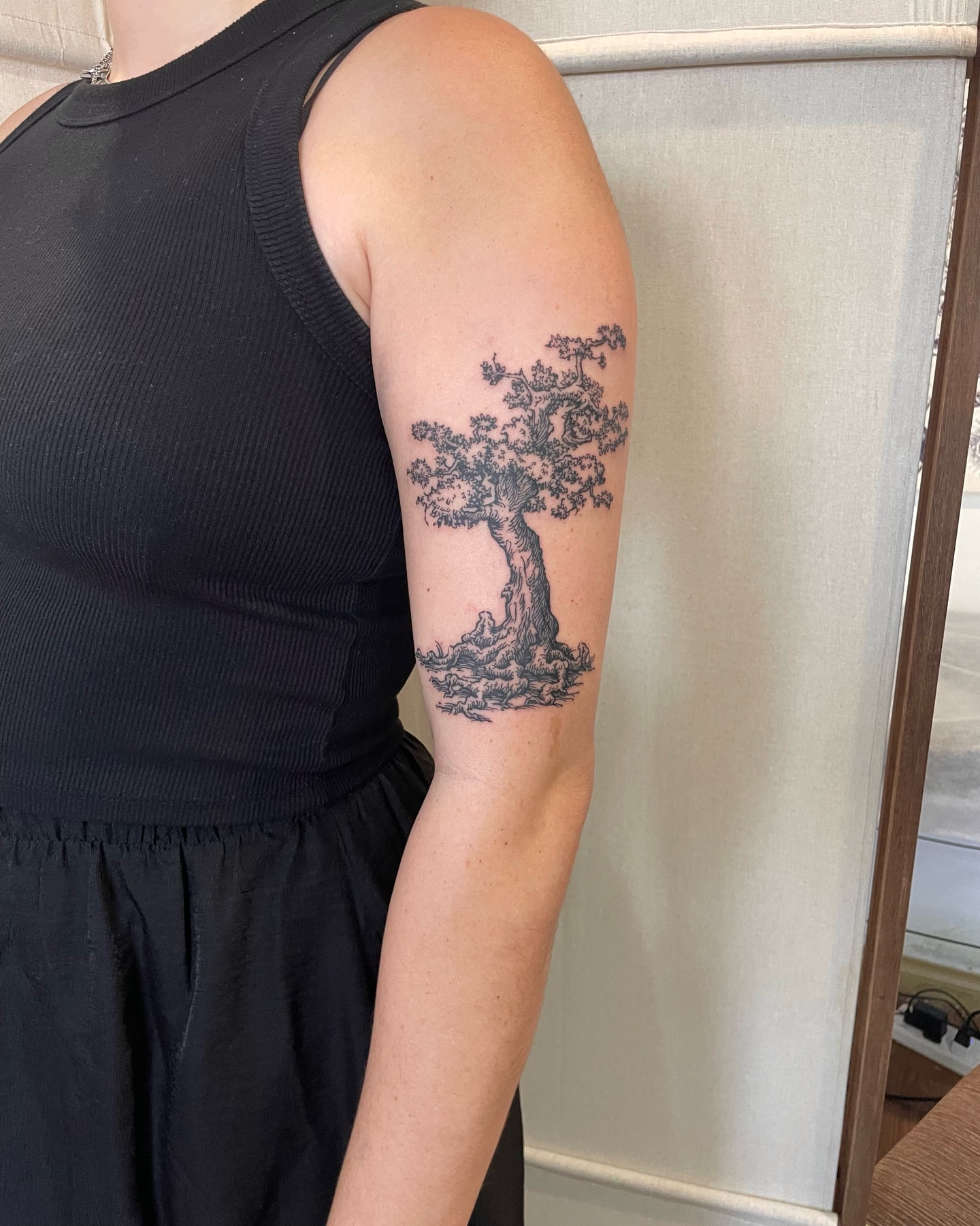 Tree black and grey tattoo on the forearm by Anh Đan