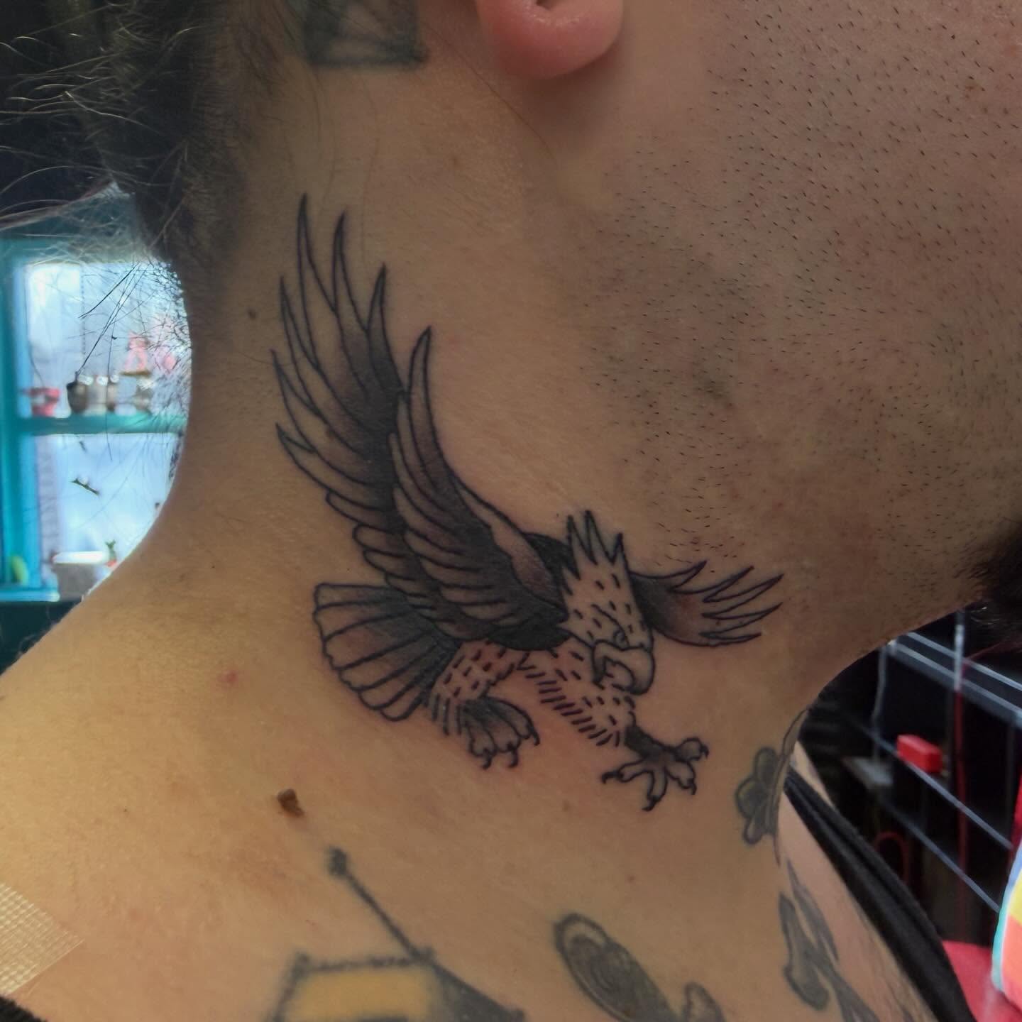 Eagle black and grey tattoo on the neck by Shan 🤘 Tattoo Artist ⚡️ MN 🌲