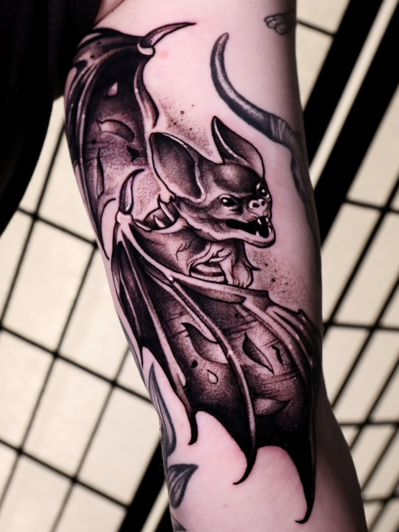 Bat realism tattoo on the forearm by Haleigh Cunningham, Charlotte, North Carolina