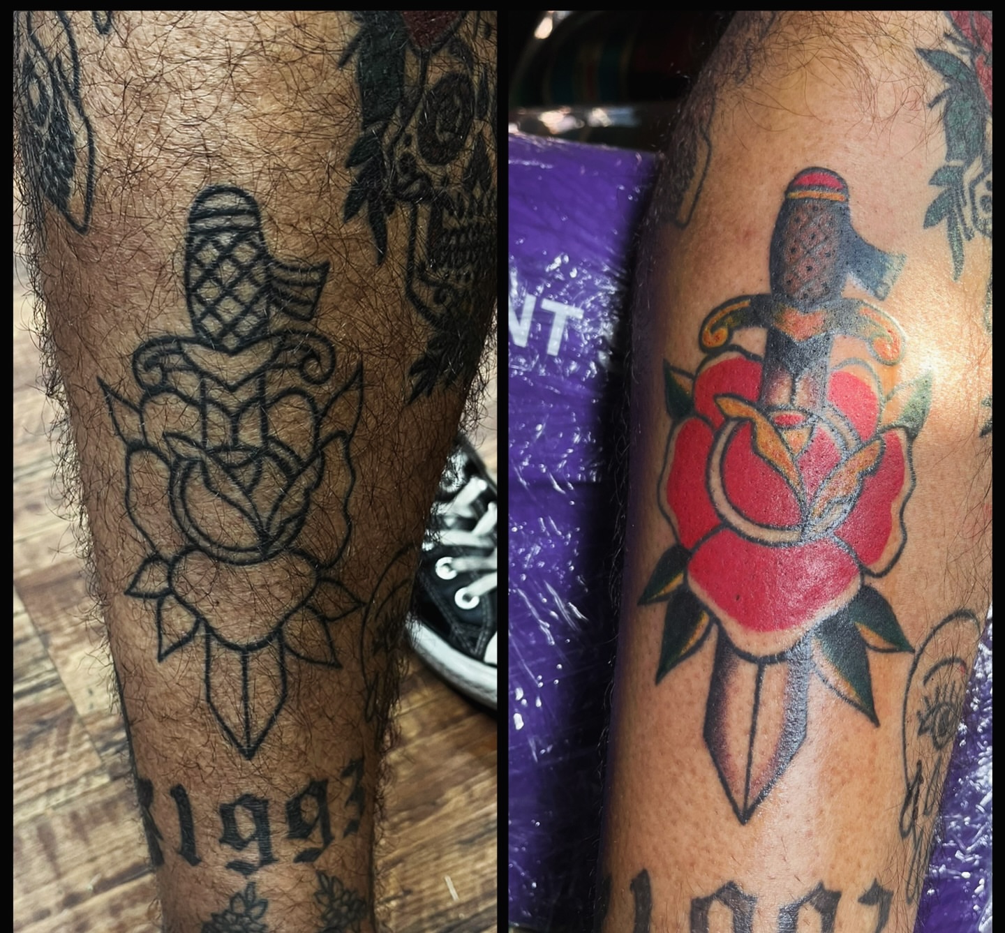 Knife and rose American traditional tattoo on the forearm by Eli Flores
