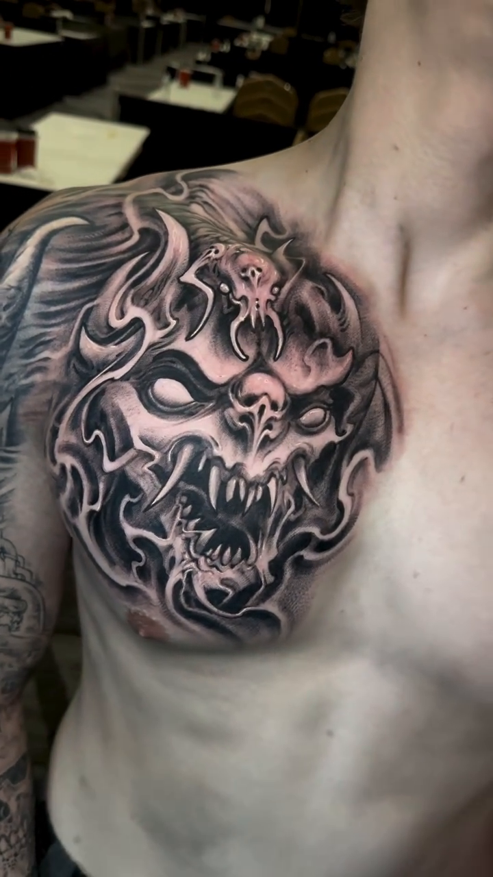 Demonic face with swirling smoke dark realism tattoo by π΅ππππ π―πππππππ