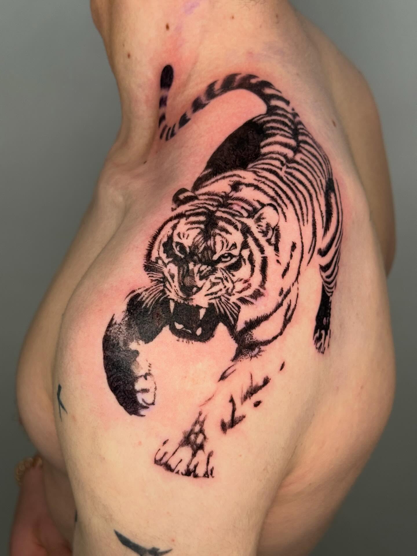 Tiger black and grey tattoo by Andrew Flatts