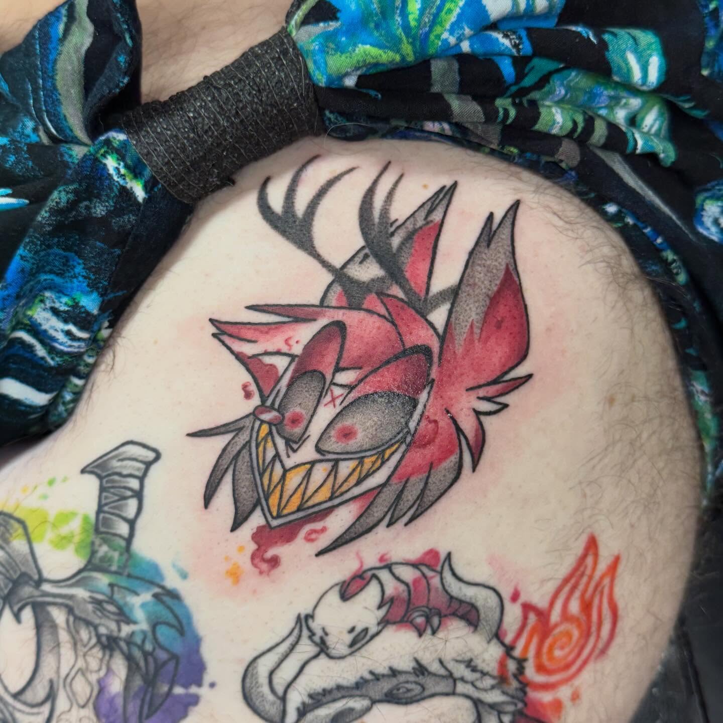 Demon stag American traditional tattoo on the thigh by Katie Rojas