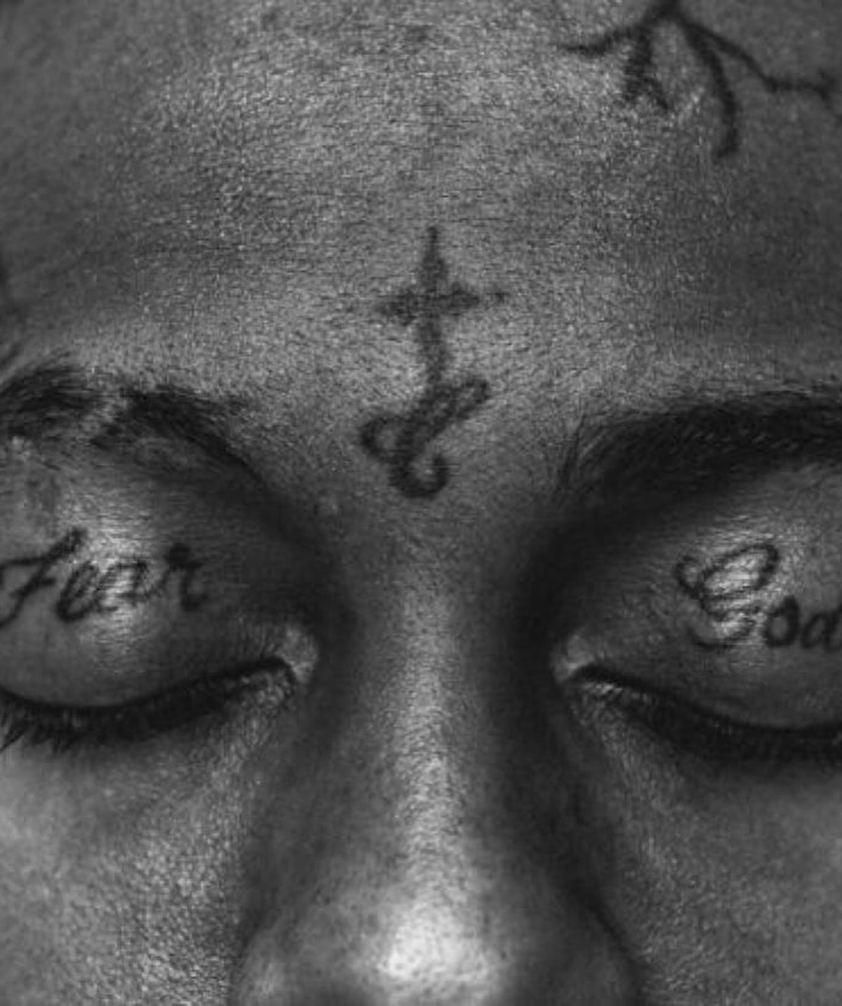 Cross and lettering black and grey tattoo on the head by Lex⛓️