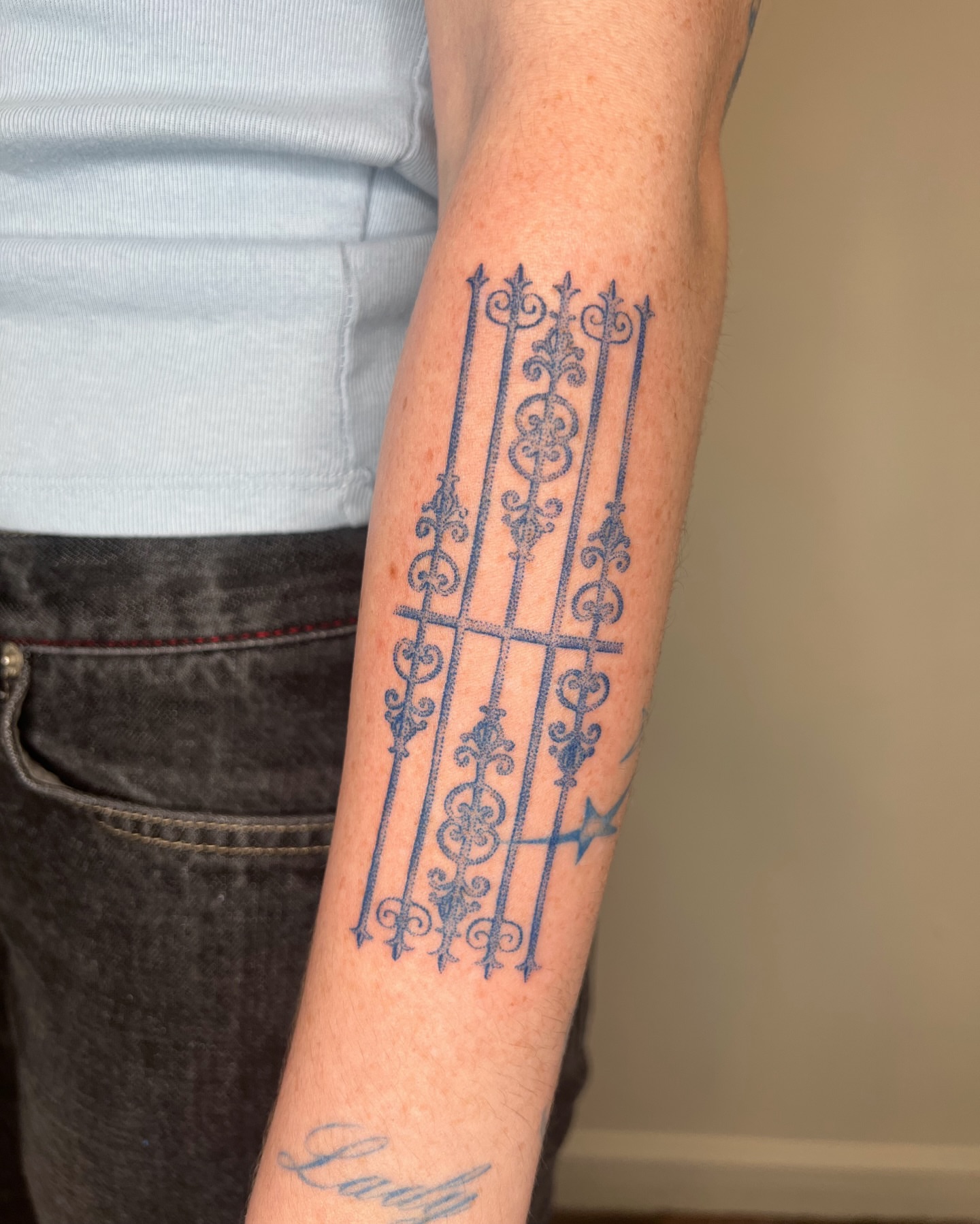 Textured gate ornamental tattoo on the forearm by kait ❃ hartman