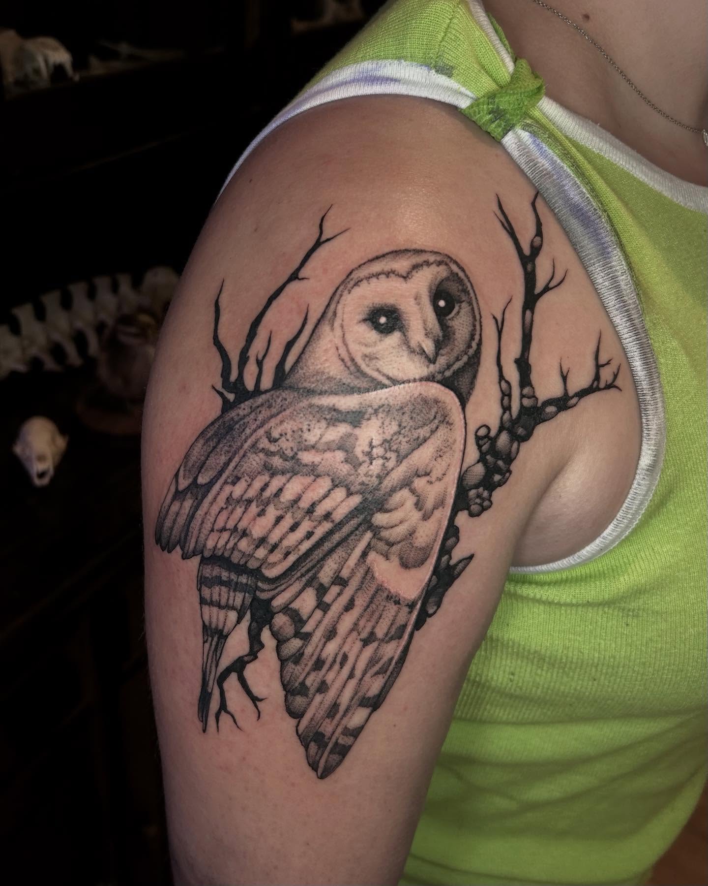 Owl realism tattoo on the shoulder by Deanna Louise