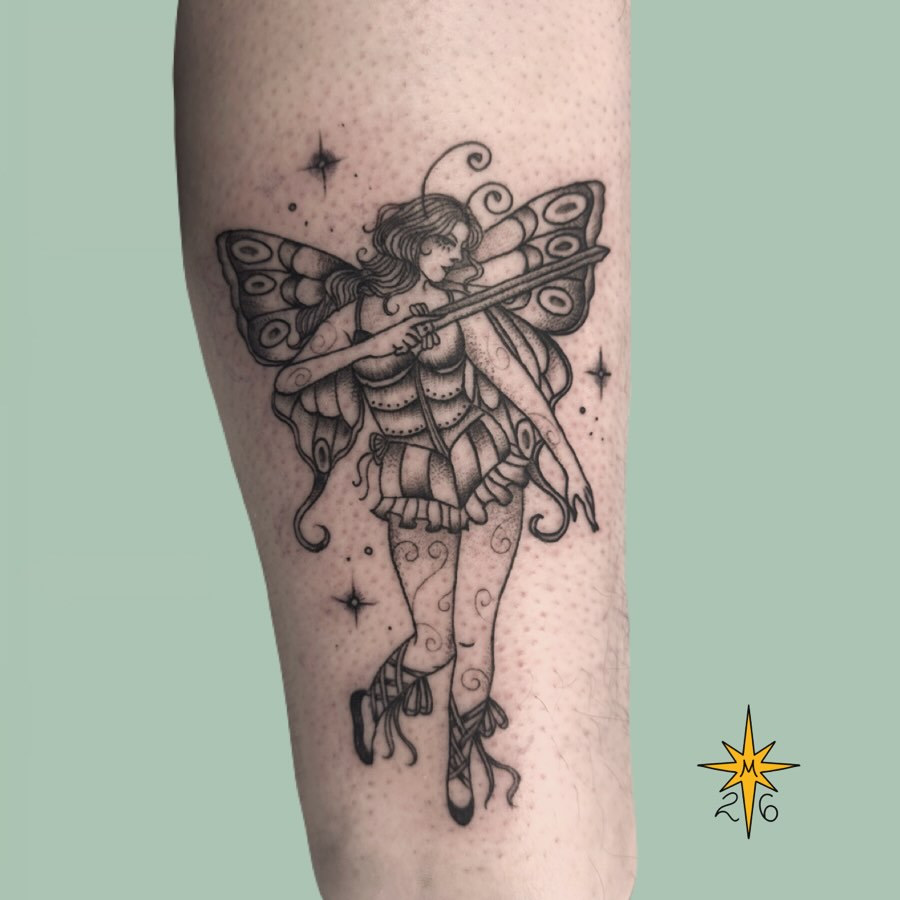 Fairy playing flute dotwork tattoo on the forearm by ๐๐๐ก๐ก๐ฐ