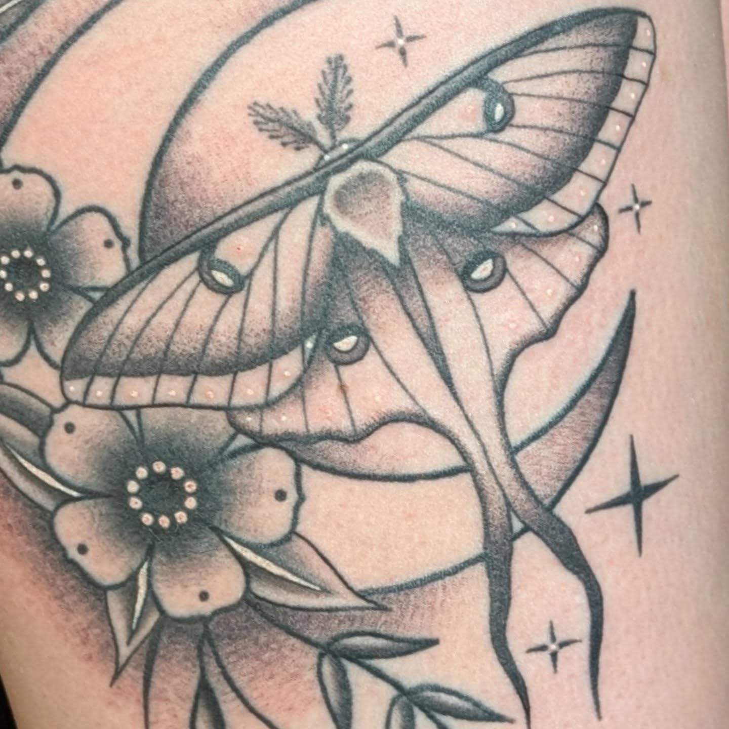 Moth and flowers black and grey tattoo on the forearm by π²π°πket