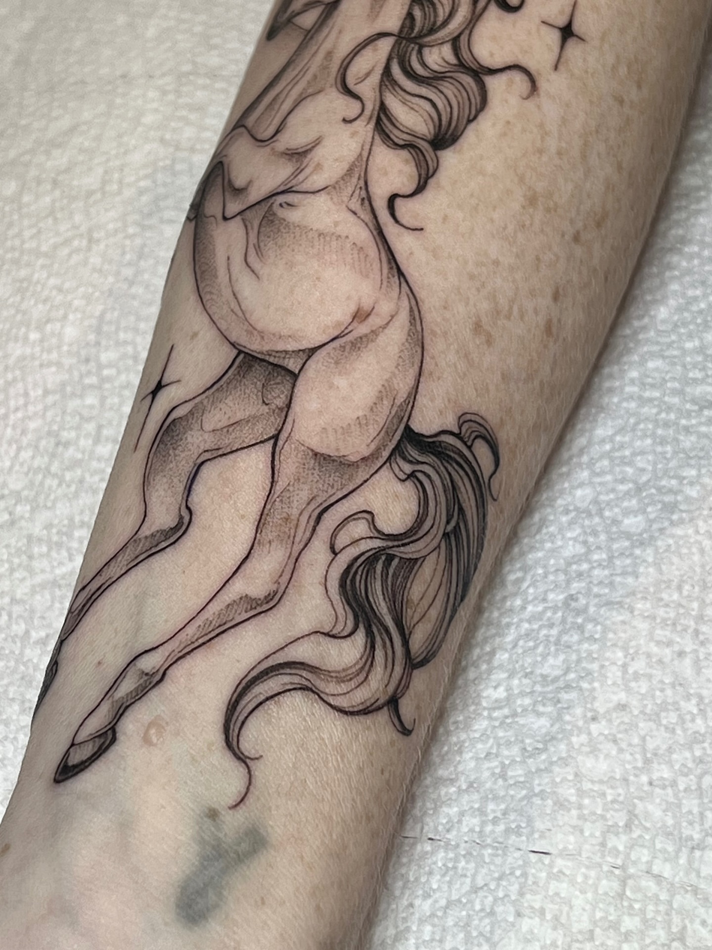 Nude female figure black and grey tattoo on the forearm by Tehnaya