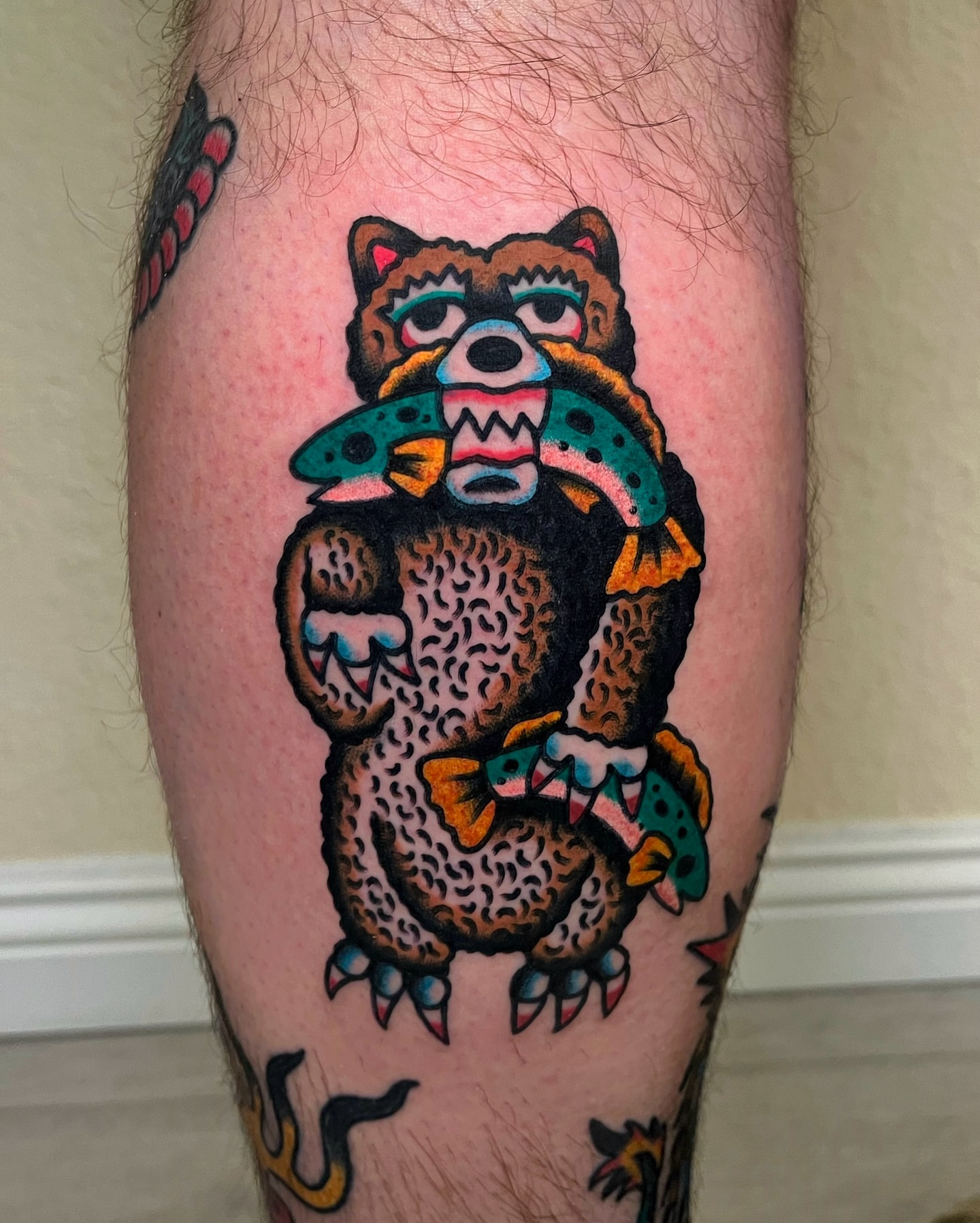 Bear with fish American traditional tattoo on the thigh by Tattoo Dust ☻ Los Angeles