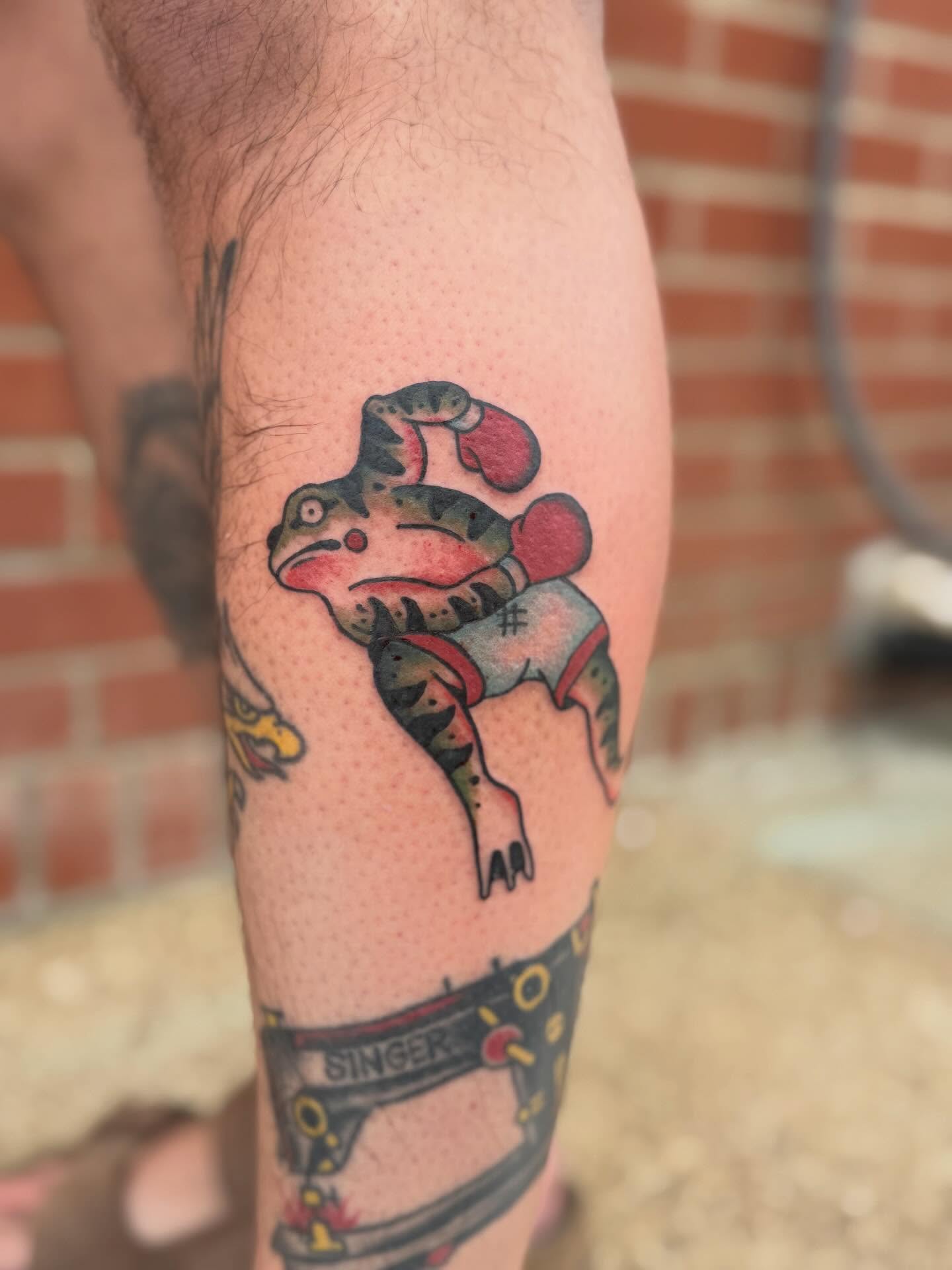 Frog American traditional tattoo on the forearm by Aly Rucker, Murfreesboro, Tennessee