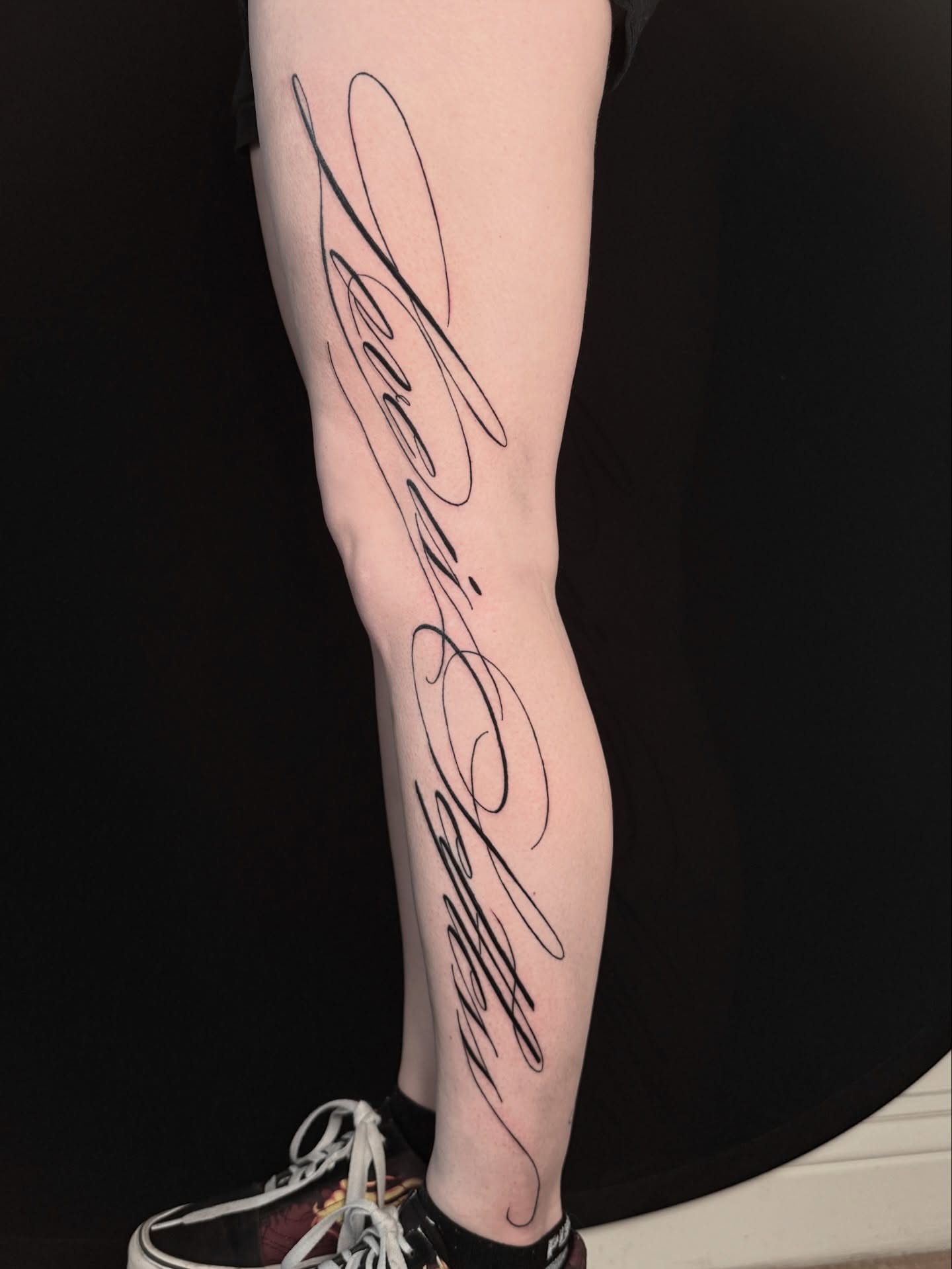 Script lettering lettering script tattoo on the calf by Alex Cantor