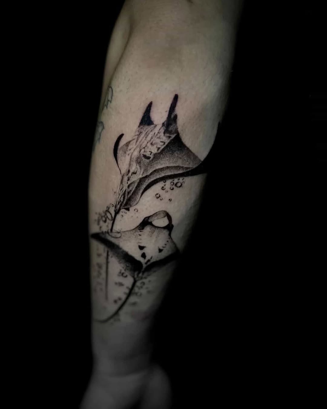 Manta rays swimming sketch tattoo on the forearm by Chino
