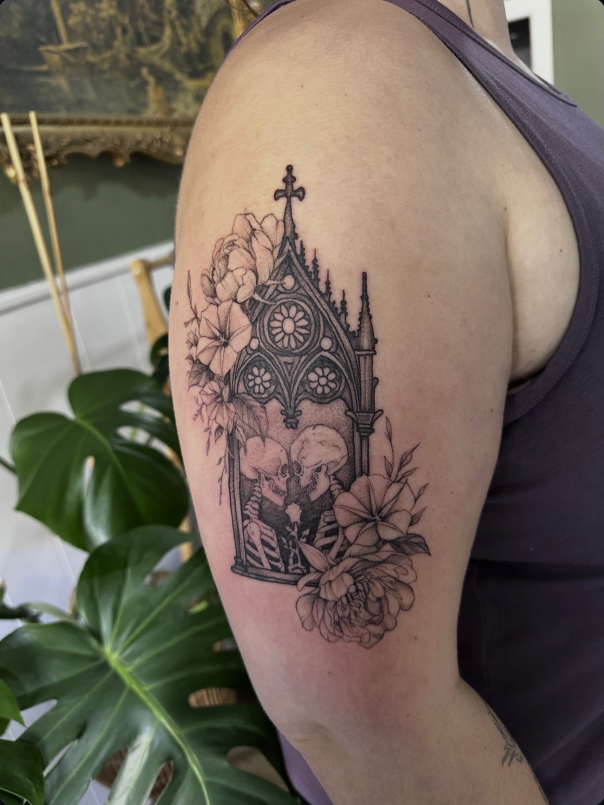Gothic chapel with flowers ornamental tattoo on the shoulder by Allexis