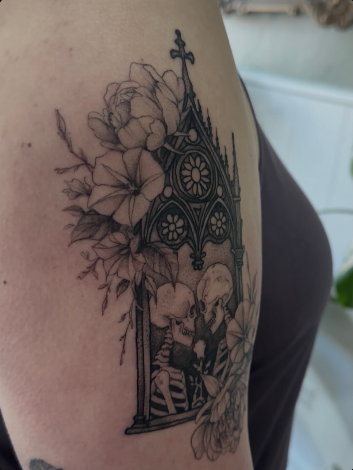 Gothic chapel with skulls dark realism tattoo on the thigh by Allexis