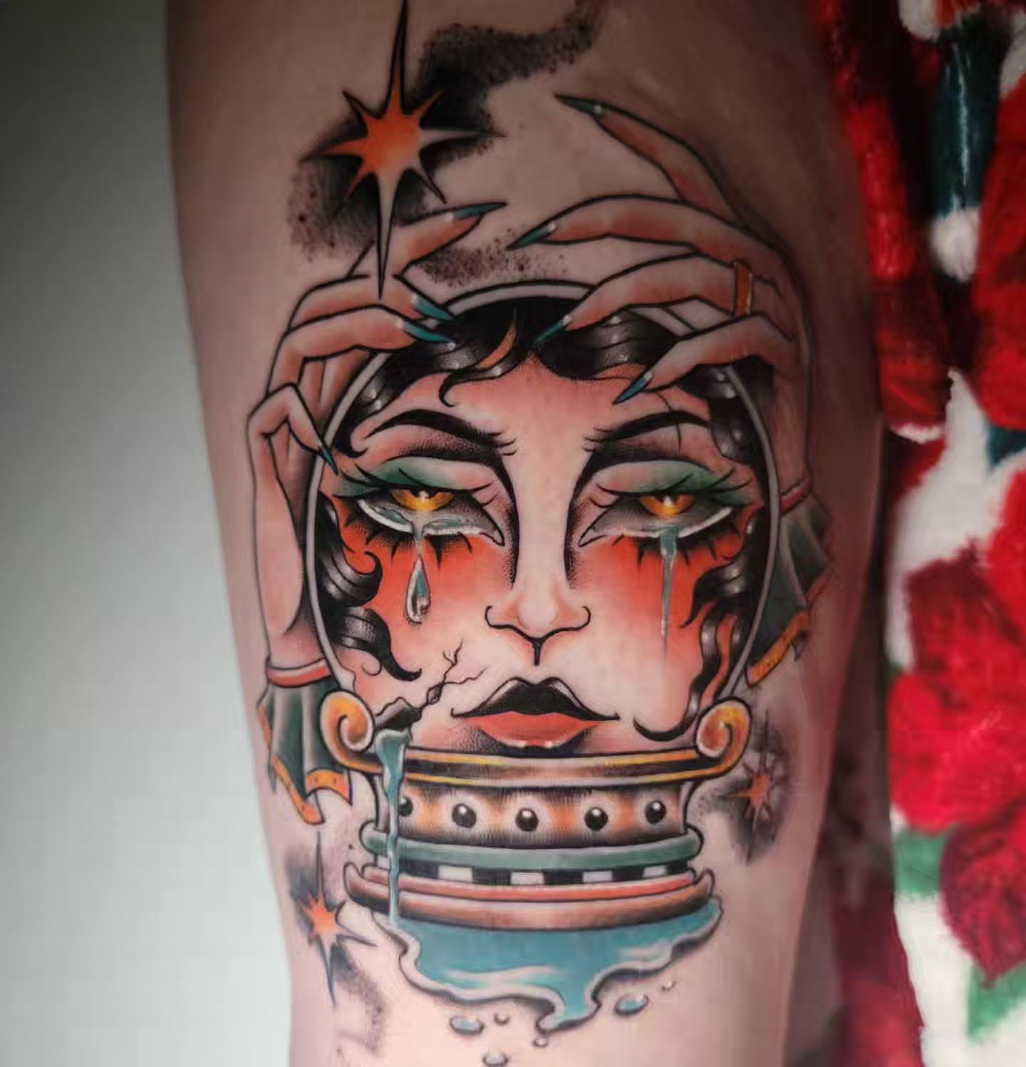 Woman's face American traditional tattoo on the forearm by Randyz Tattyz