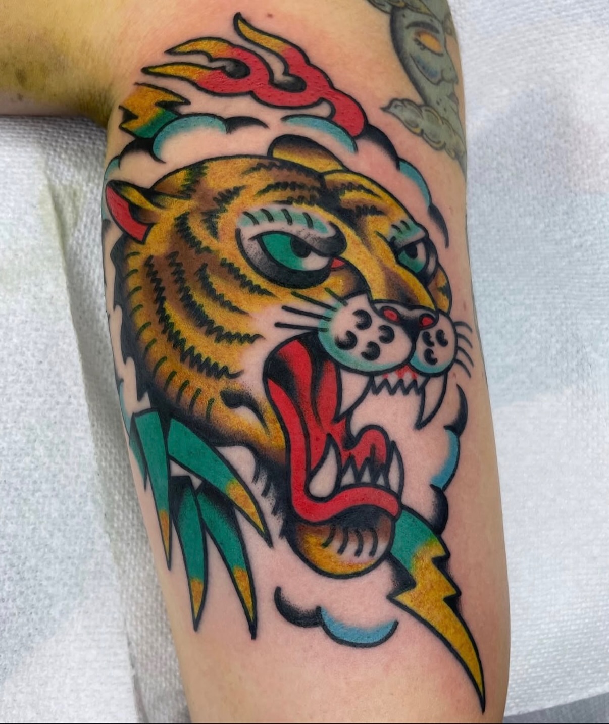 Tiger American traditional tattoo on the forearm by لا Kenny McCabe لا