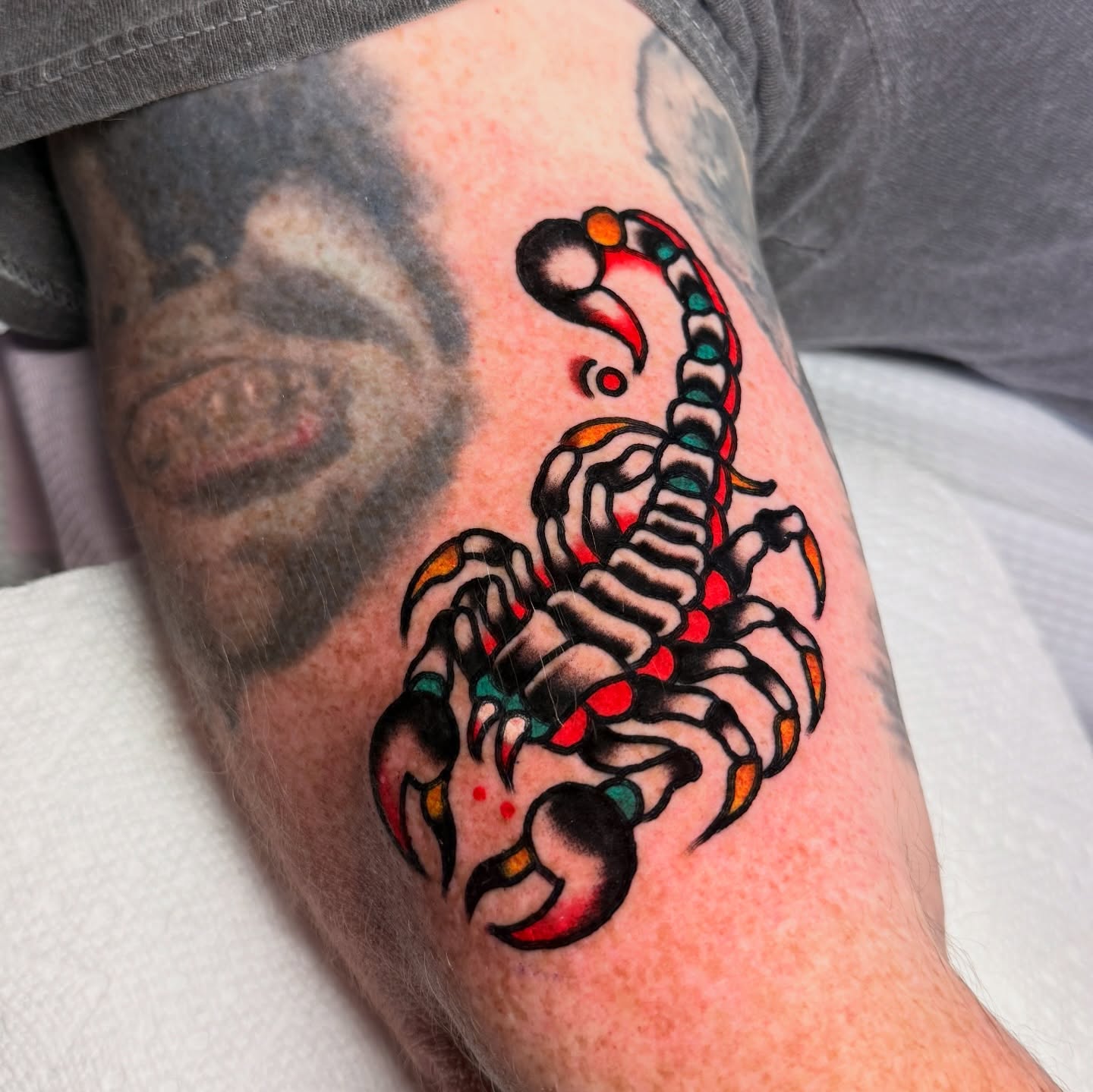 Scorpion American traditional tattoo on the forearm by Stevie Lowenstein, Cincinnati, Ohio