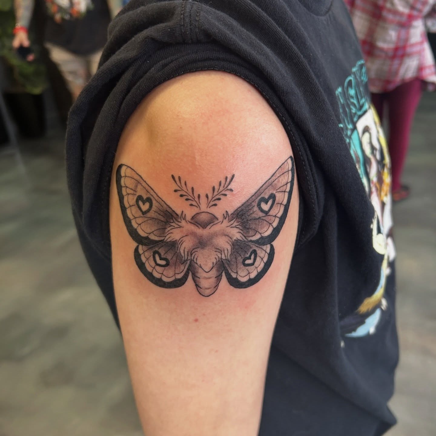 Moth black and grey tattoo on the shoulder by Mickey