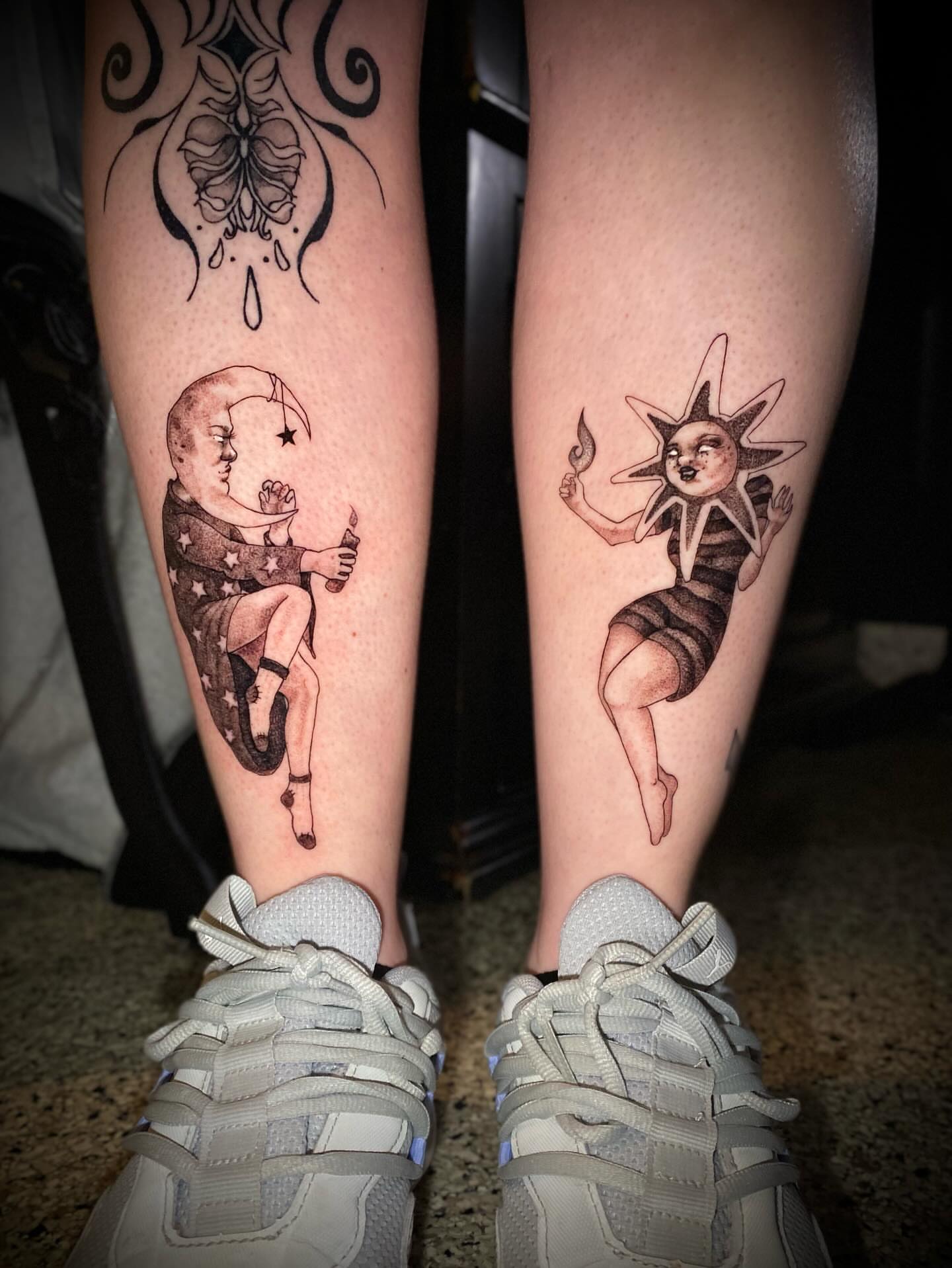 Moon and sun black and grey tattoo on the leg by Olivia Scott - Kansas Tattoo Artist