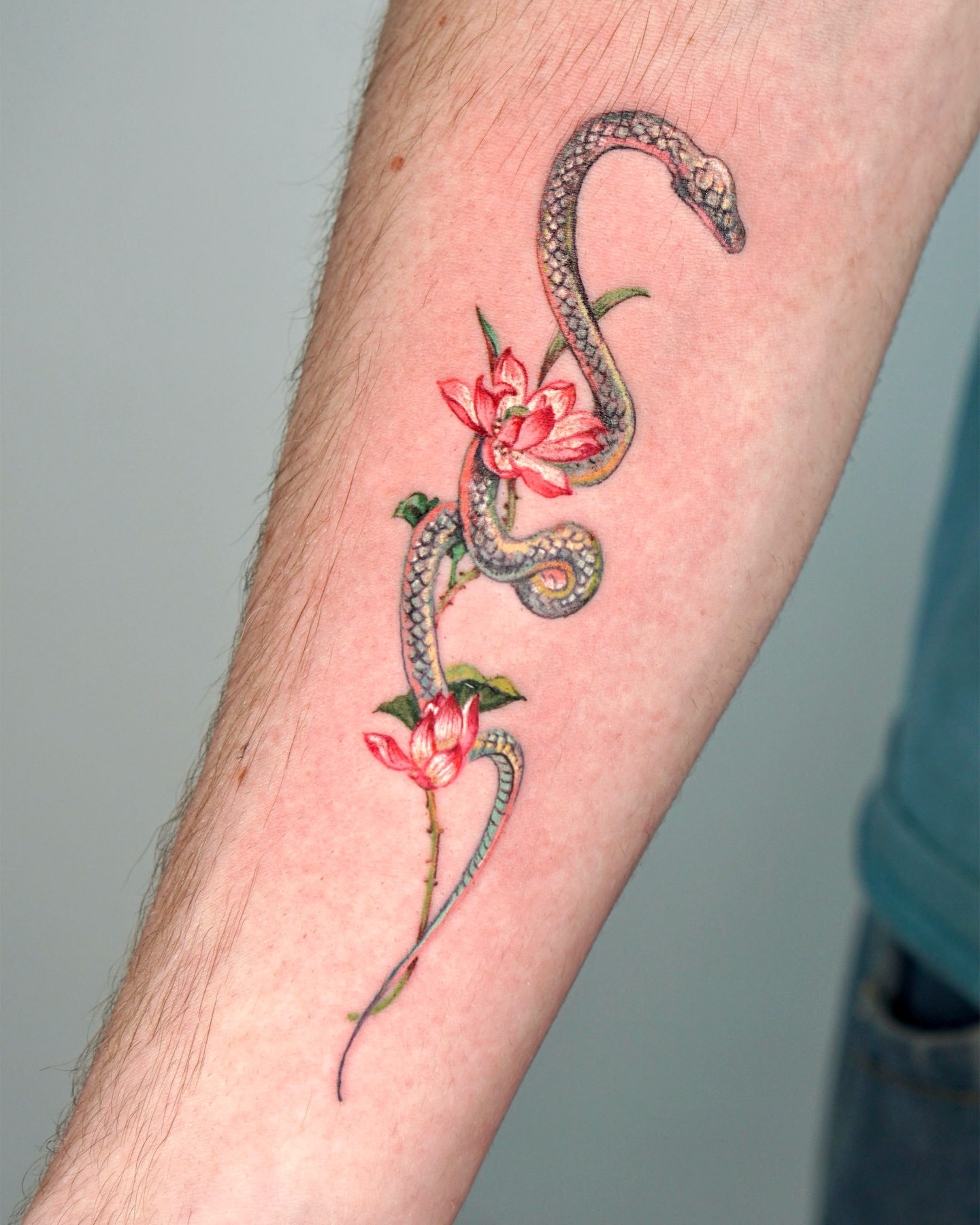 Snake and flowers realism tattoo on the forearm by Isle