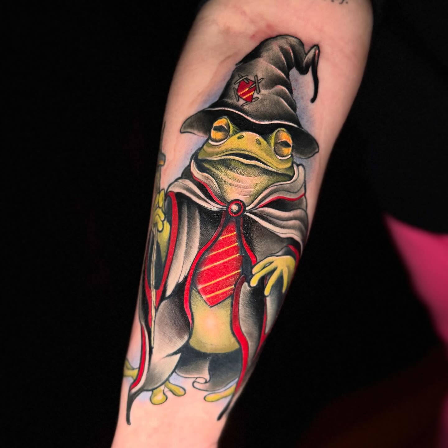 Frog wizard American traditional tattoo on the forearm by 🕯Heather🕯