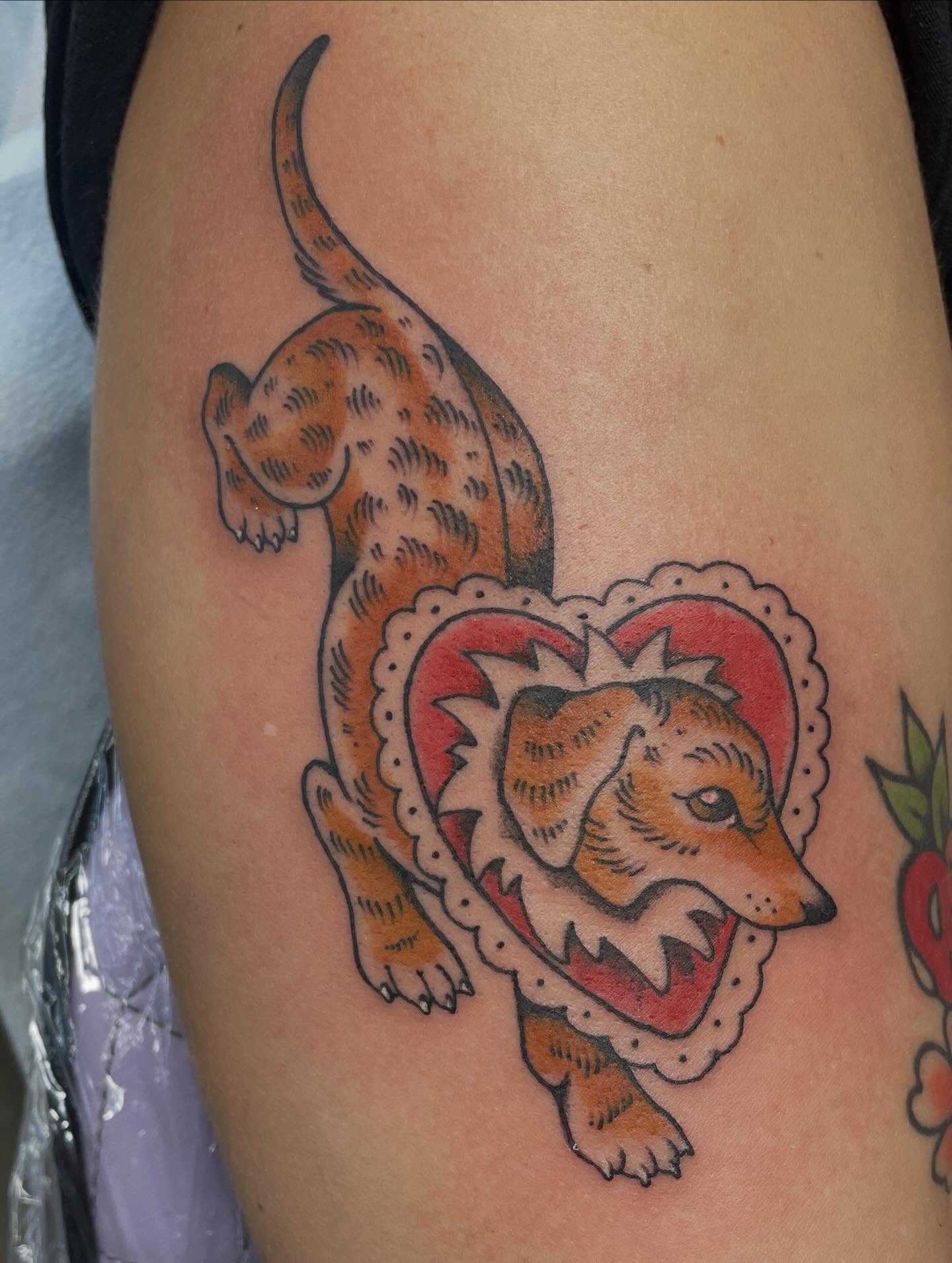 Dog in heart American traditional tattoo on the thigh by Fionna Fanning