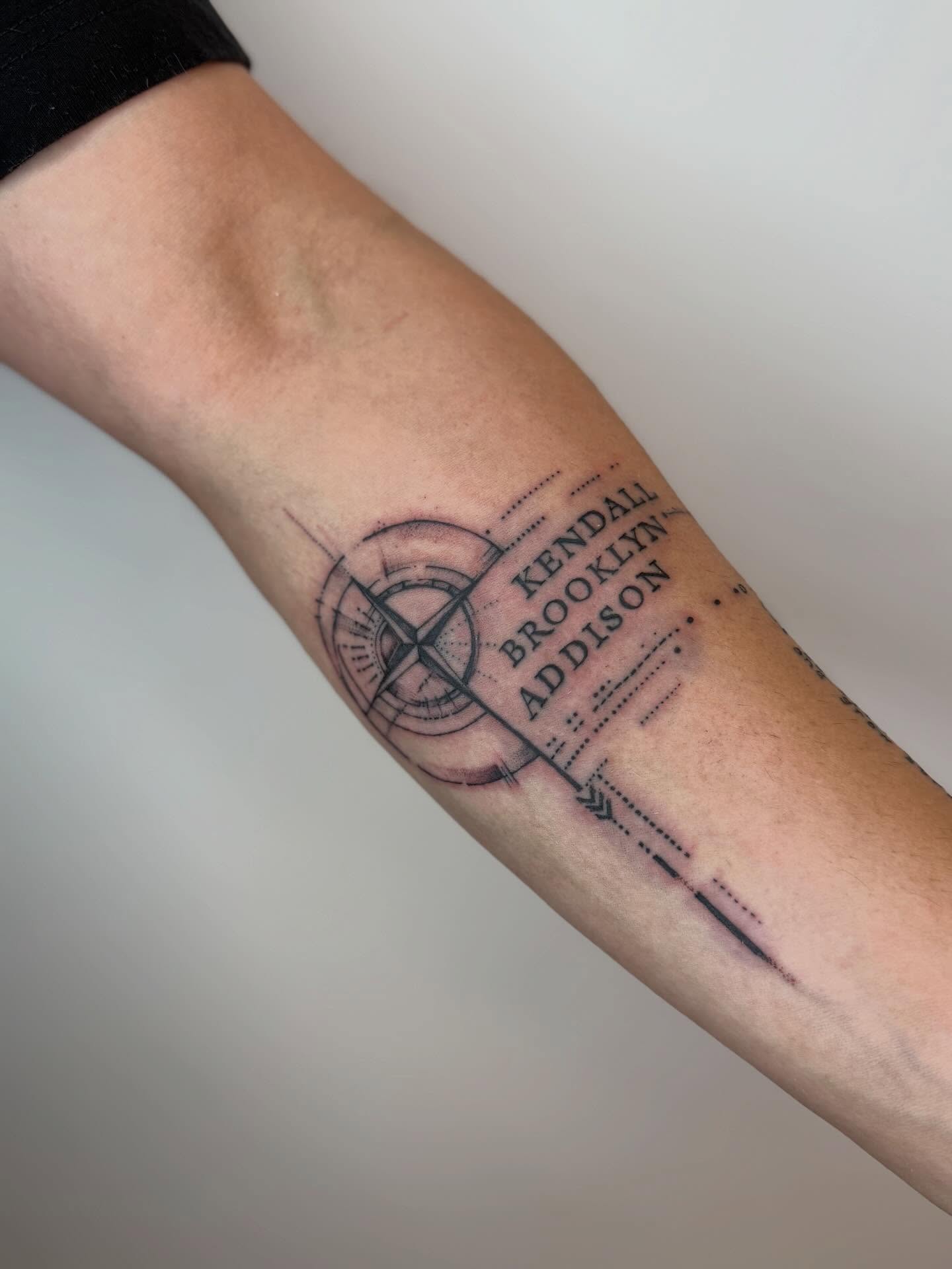 Compass and names geometric tattoo on the forearm by Van Cleave Aesthetics, Franklin, Tennessee