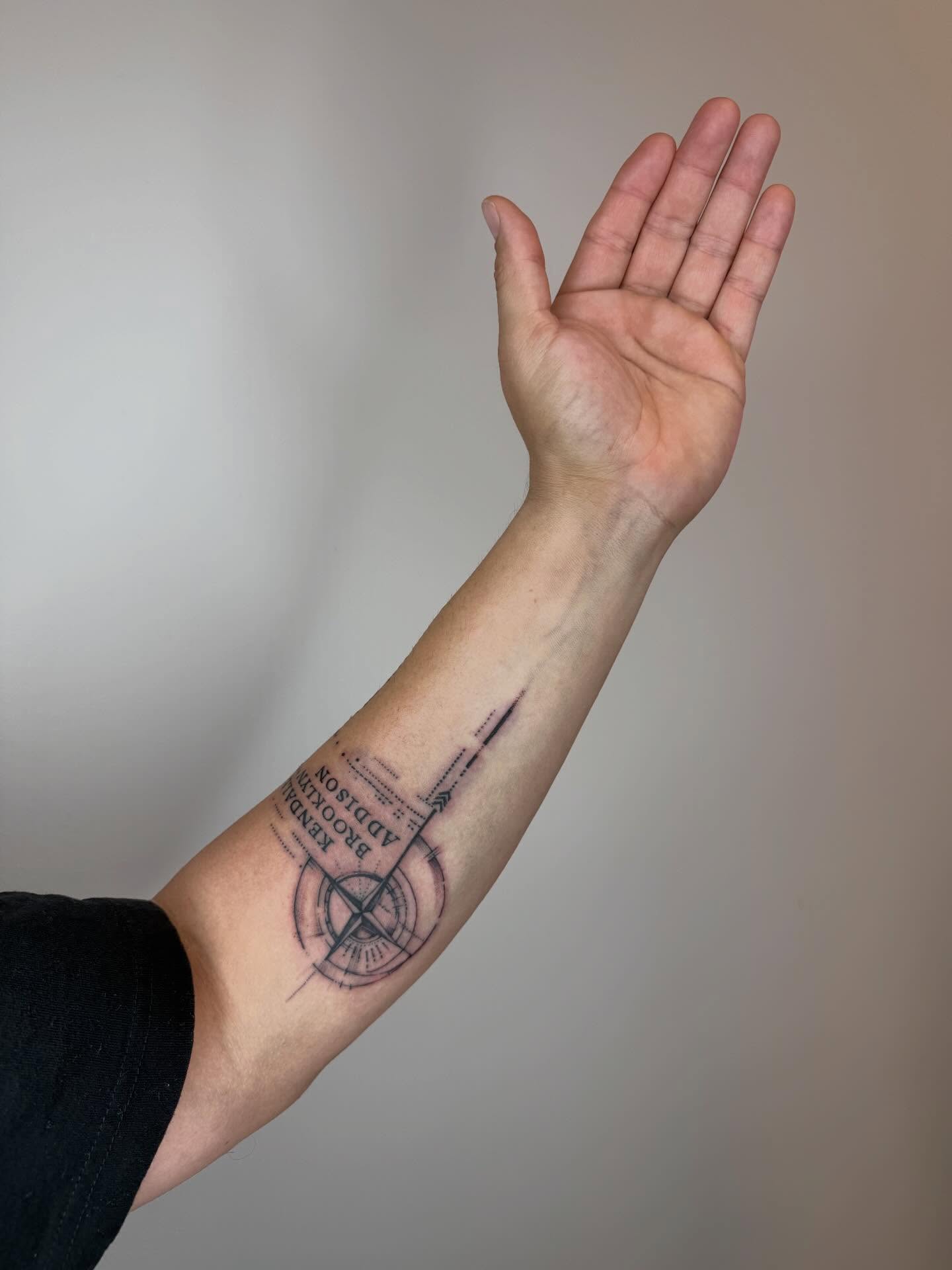 Compass geometric tattoo on the forearm by Van Cleave Aesthetics, Franklin, Tennessee