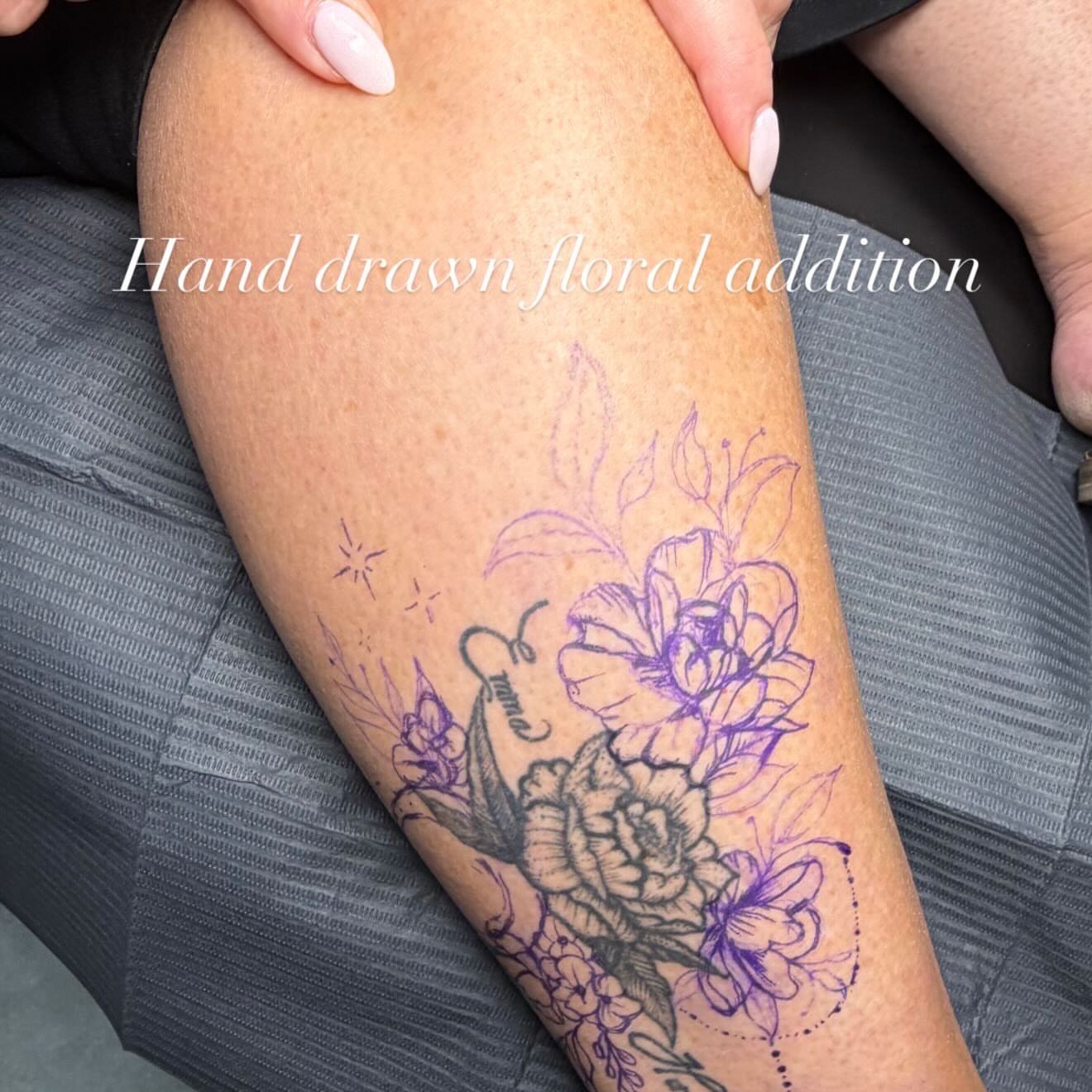 Floral arrangement dotwork tattoo on the thigh by Van Cleave Aesthetics, Franklin, Tennessee