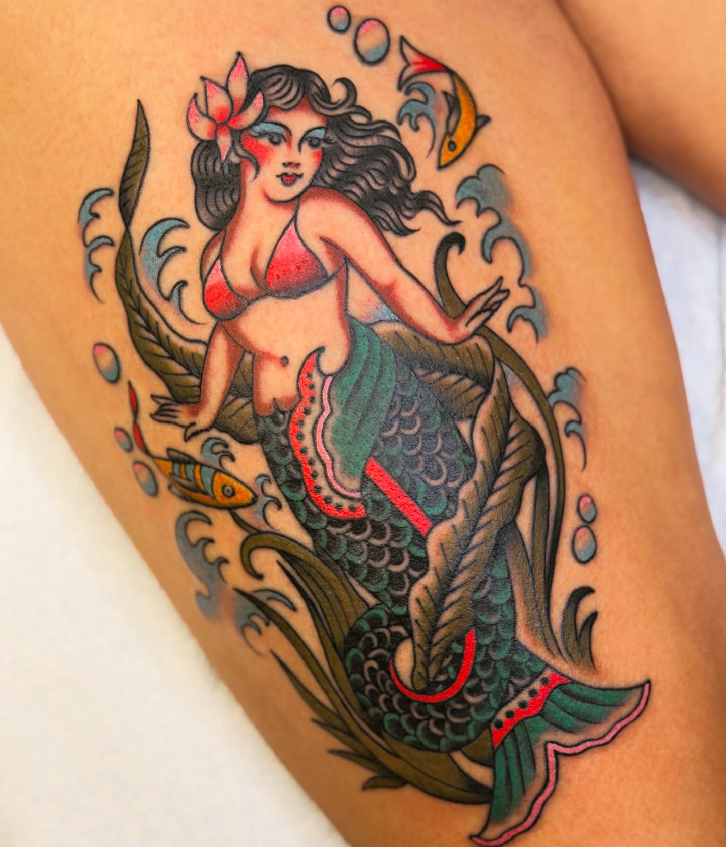 Mermaid American traditional tattoo on the thigh by morganhabe
