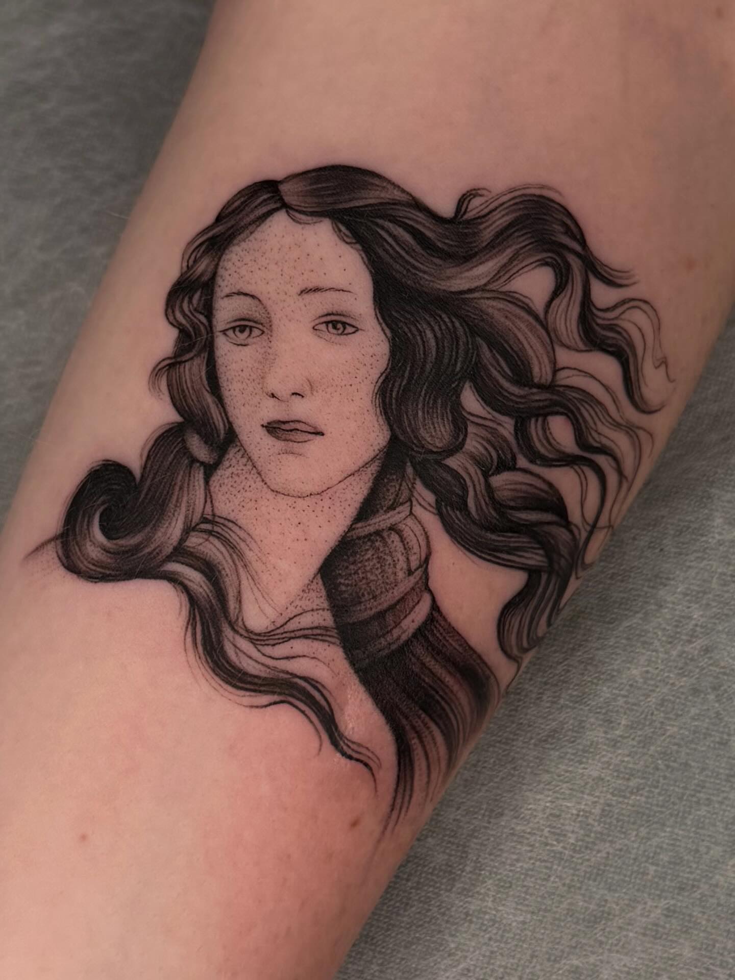 Woman dotwork tattoo on the forearm by Maggie Angulo