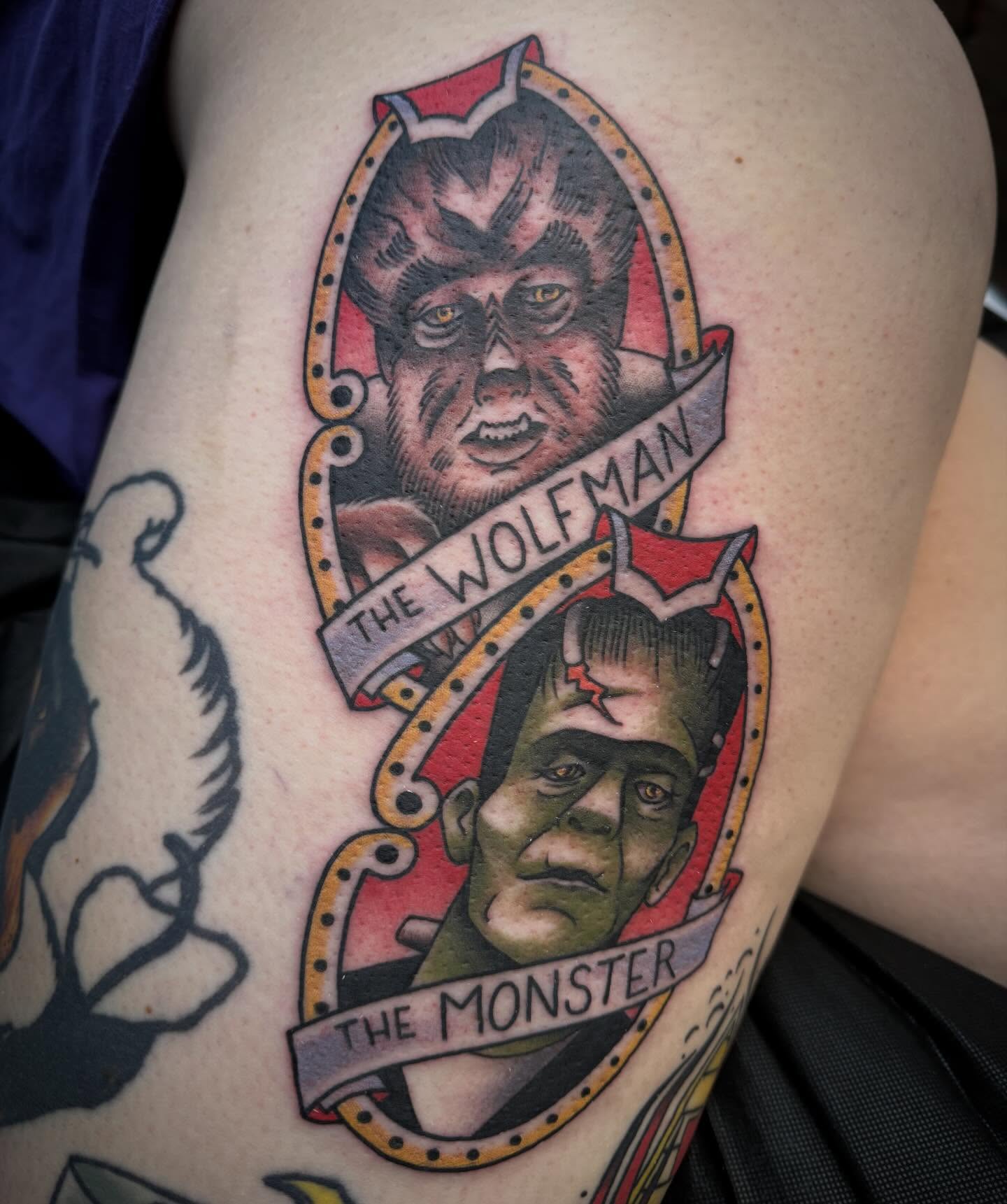 Monster and wolfman American traditional tattoo on the shoulder by Chase Martines