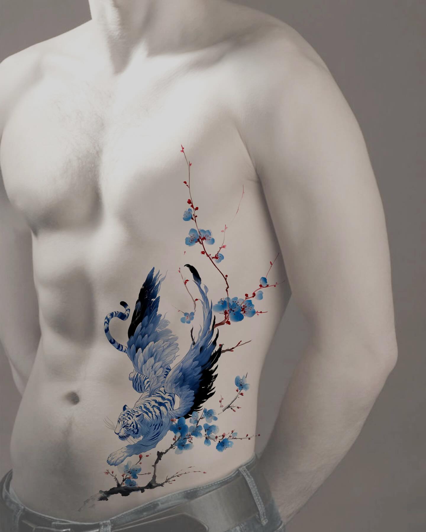 Tiger and blossoms new school tattoo on the chest by Sylvia｜思岐, Vancouver, British Columbia
