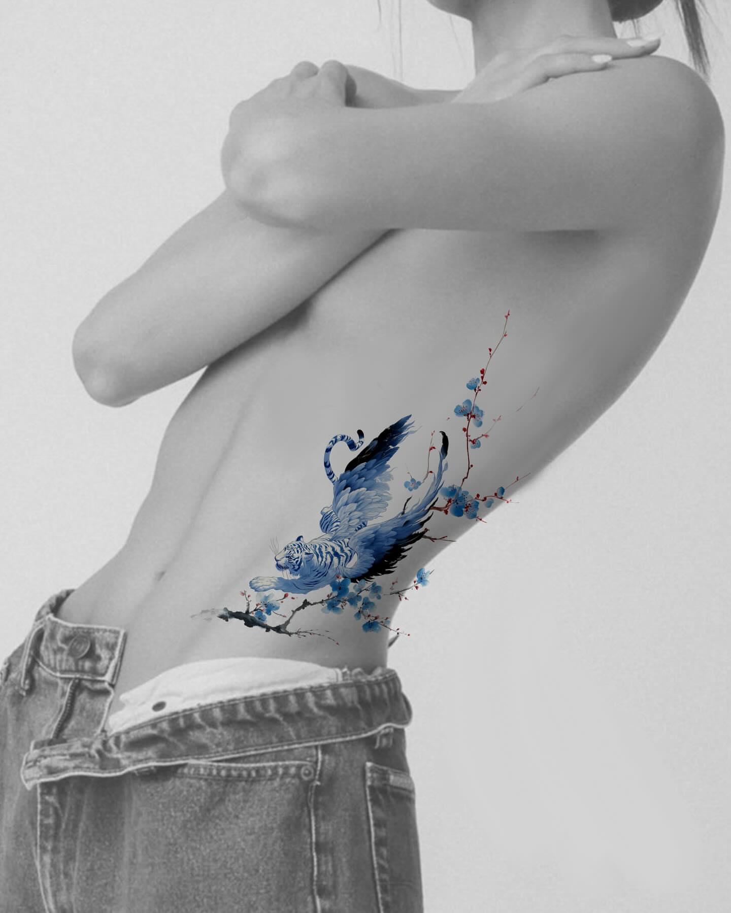 Tiger and blossoms watercolor tattoo by Sylvia｜思岐, Vancouver, British Columbia