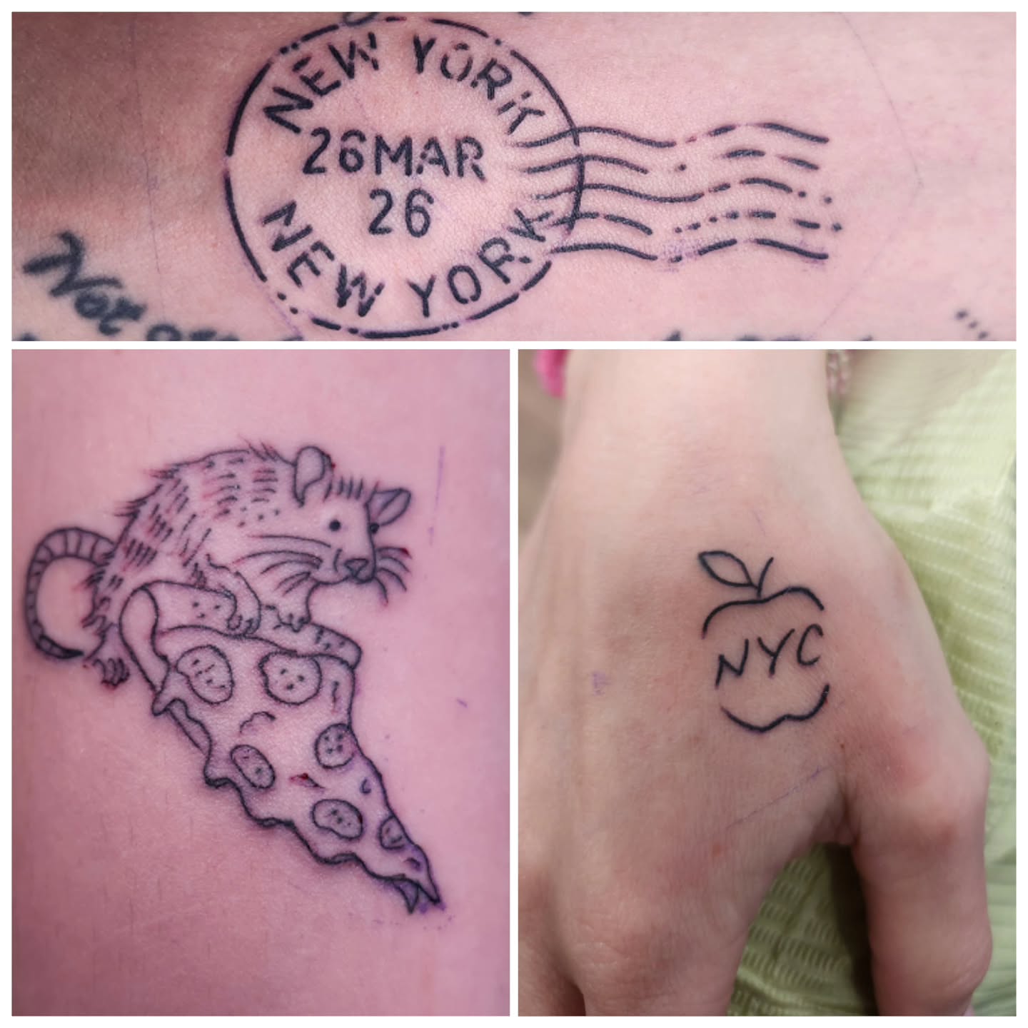 Pizza slice and rat American traditional tattoo on the forearm by Tommy Houlihan