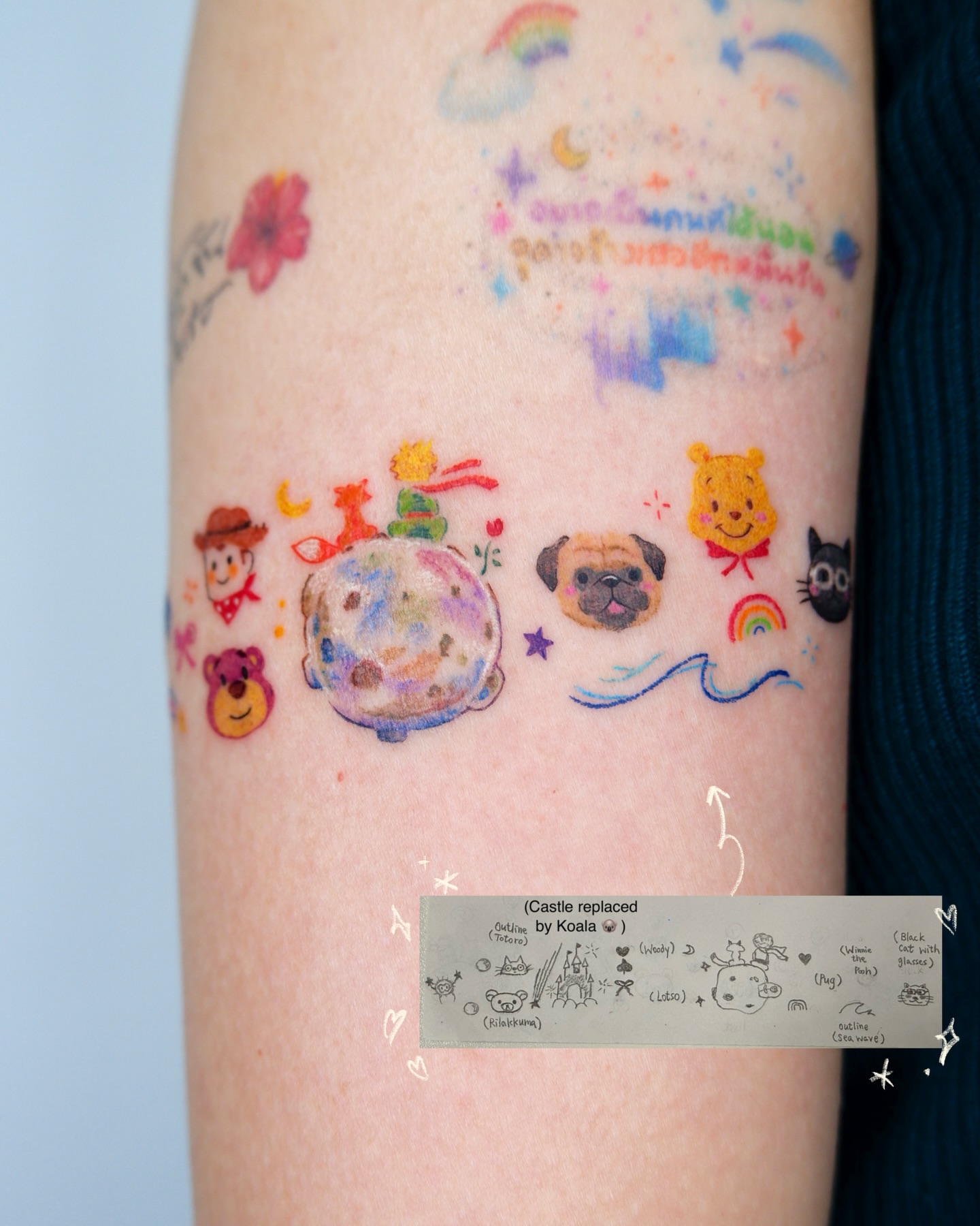 Colorful cartoon characters watercolor tattoo on the forearm by 타투 Seon 컬러타투