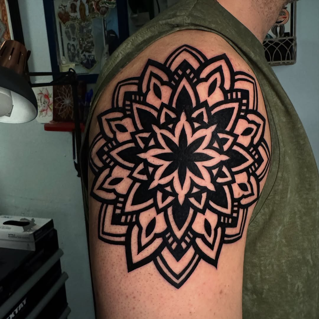 Mandala geometric tattoo on the shoulder by Lisa Nikolopoulos, New York, New York