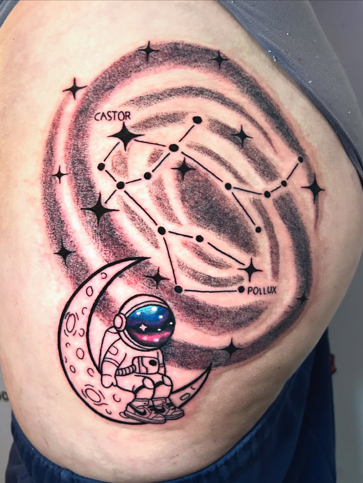 Constellation with astronaut dotwork tattoo on the thigh by Tess