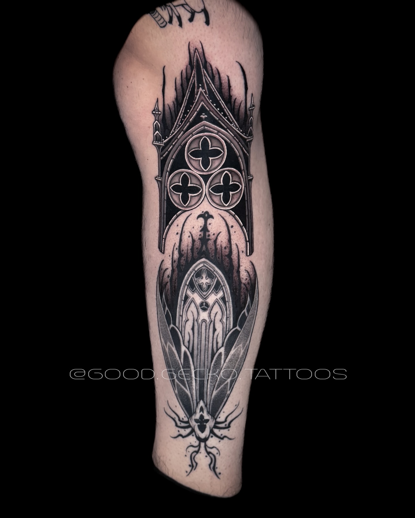Tattoo by @good.gecko.tattoos — black_and_grey, geometric